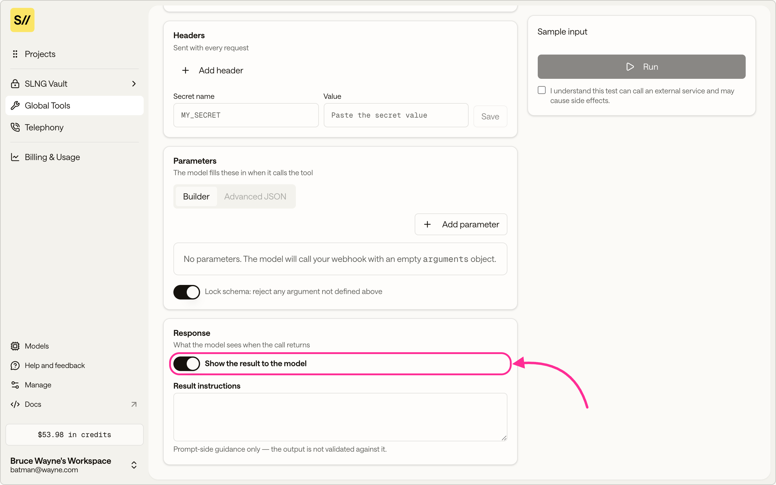 The Response section of the API Request tool editor with Show the result to the model highlighted
