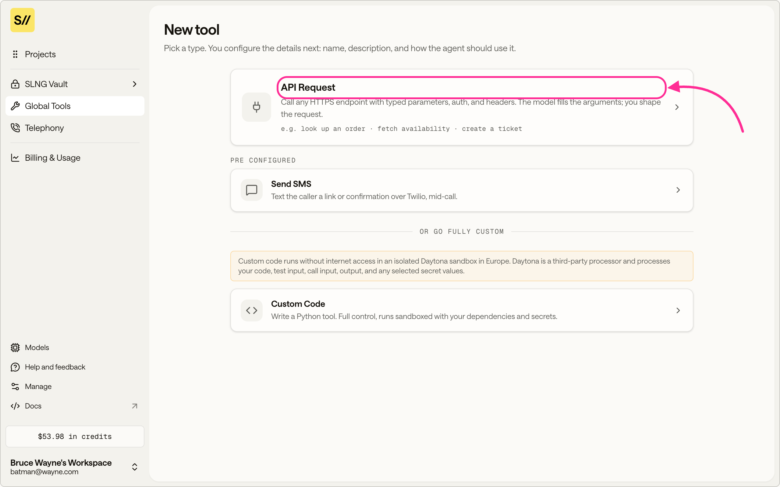 The New tool page with API Request highlighted