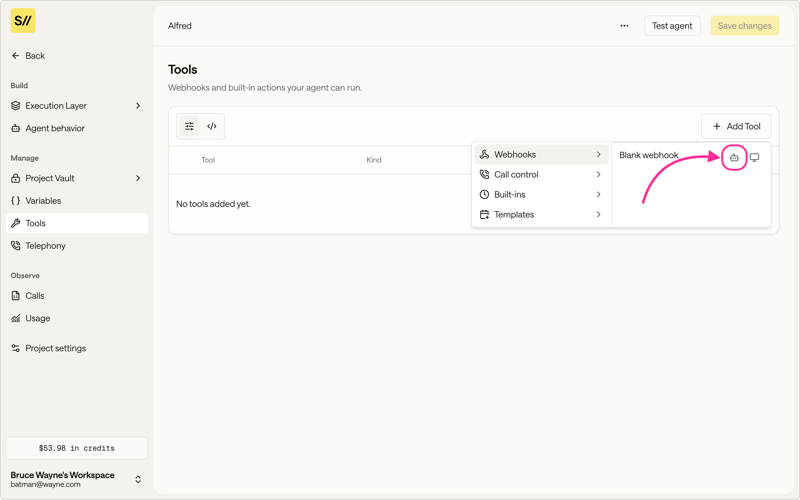 The Add Tool menu with the Called by the model icon highlighted for Blank webhook