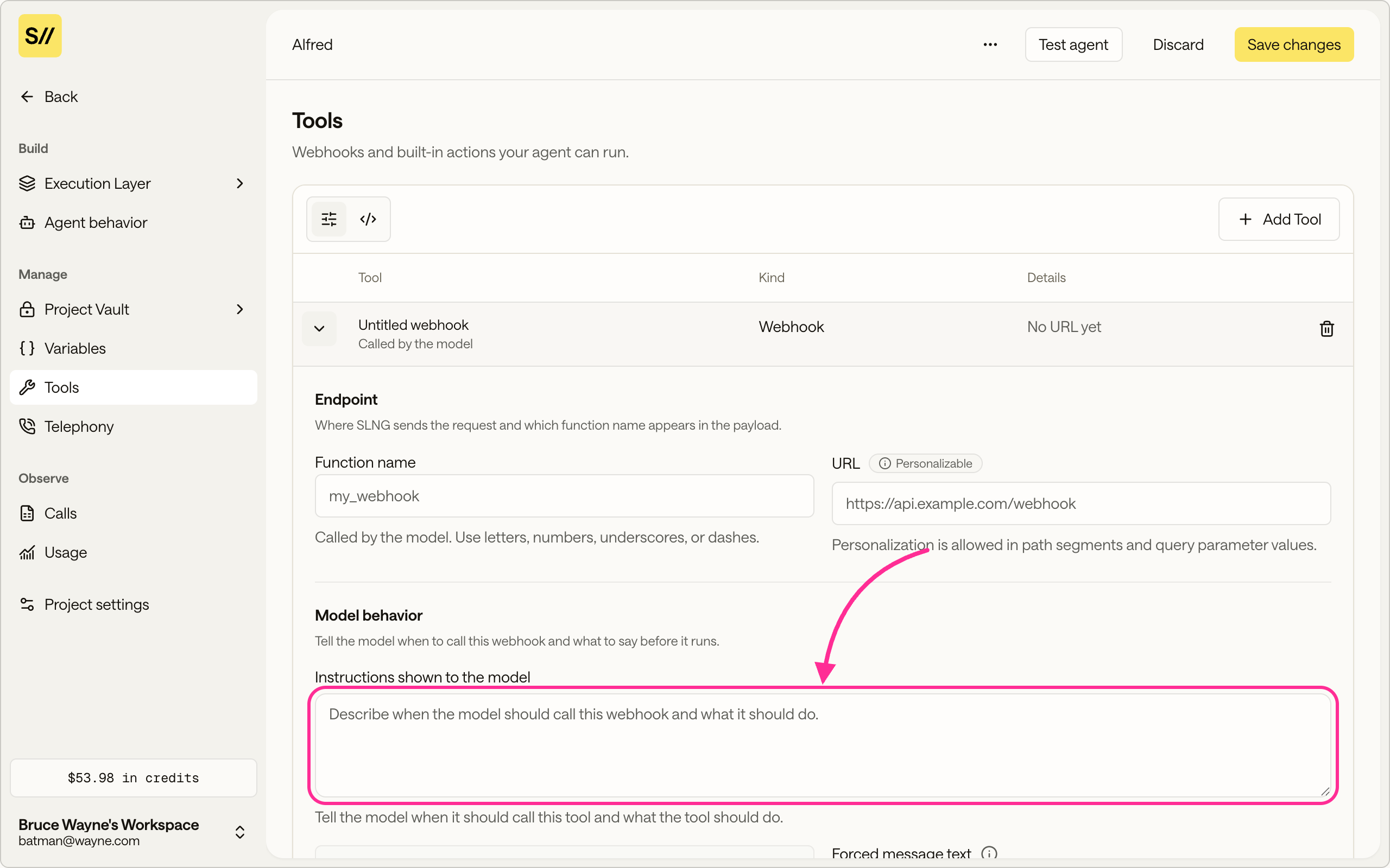 An expanded webhook attachment with the Instructions shown to the model field highlighted