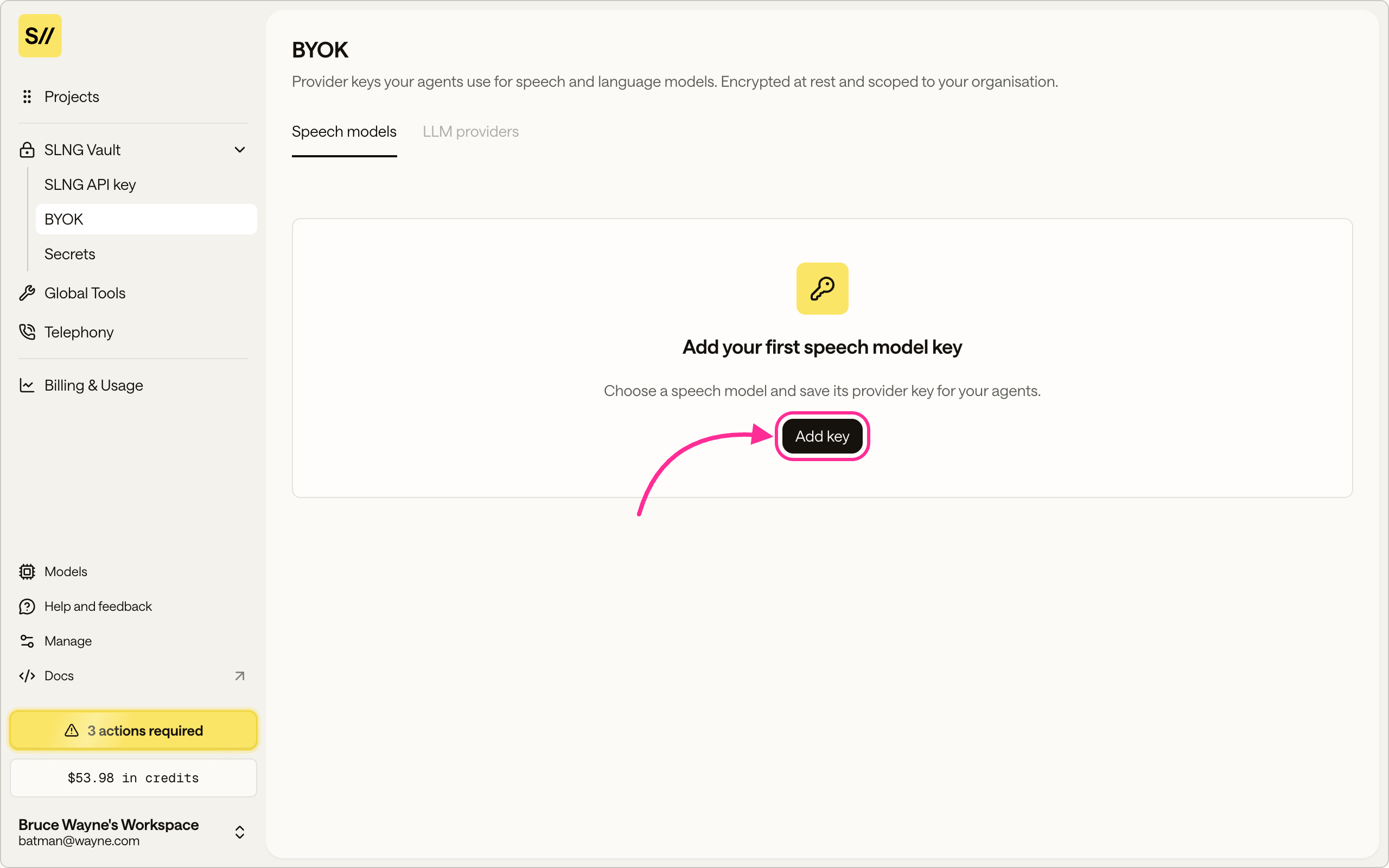 The organization BYOK vault with the Add key button highlighted