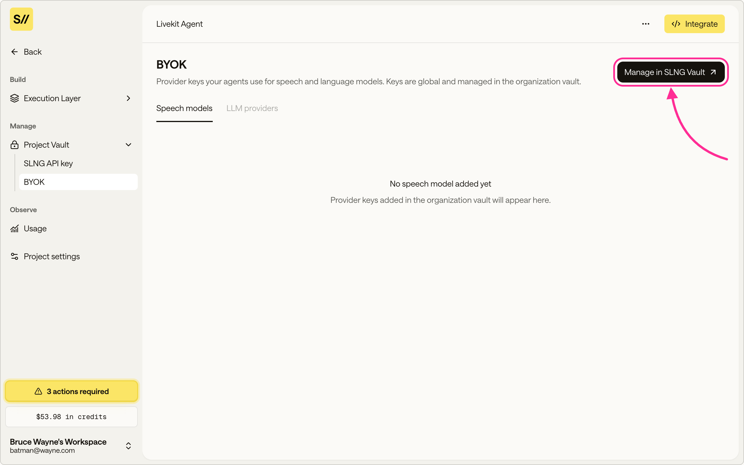 The BYOK page in Project Vault, with the Manage in SLNG Vault button highlighted