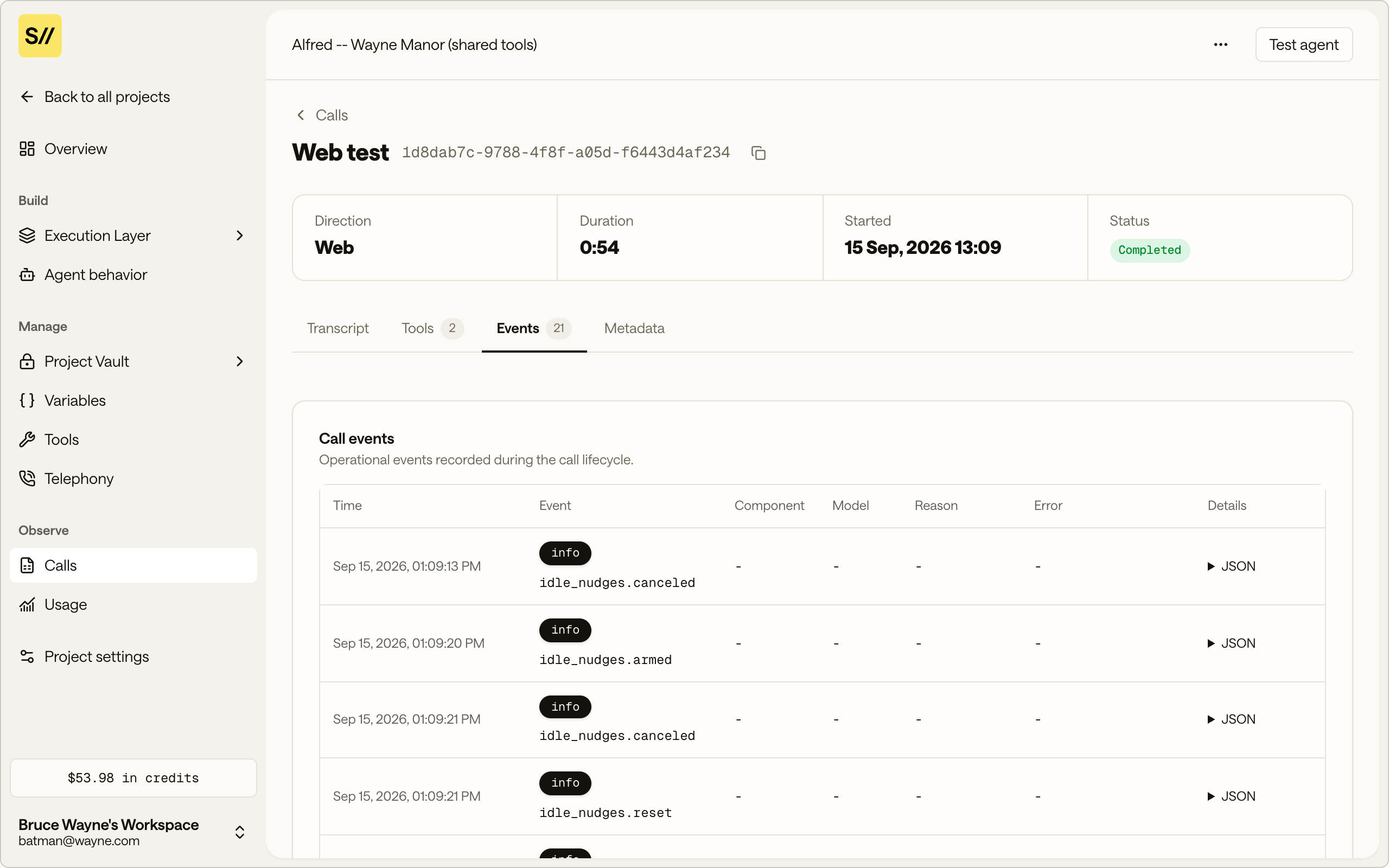 The Events tab showing lifecycle events with time, name, severity, and a JSON toggle