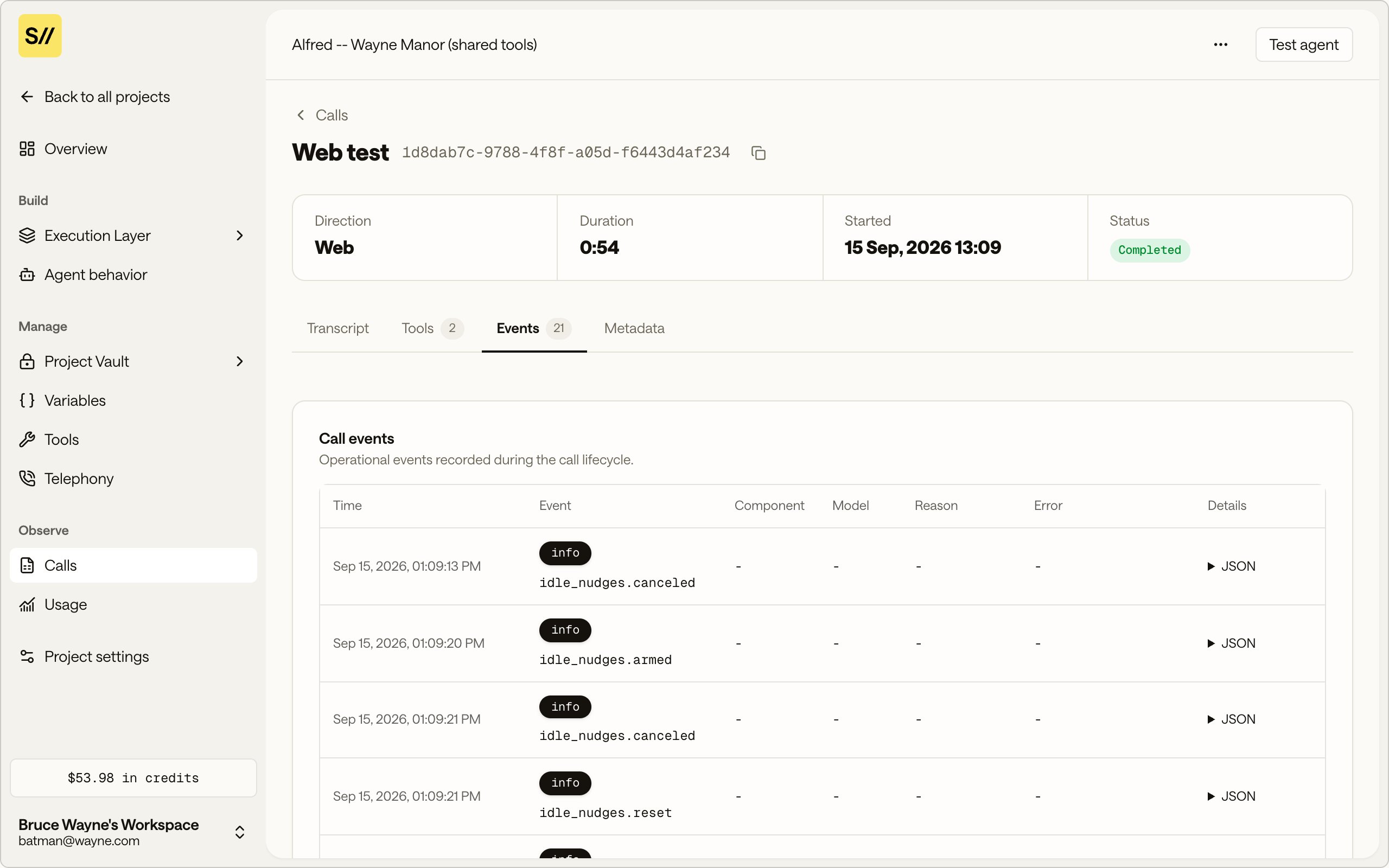 The Events tab showing lifecycle events with time, name, severity, and a JSON toggle