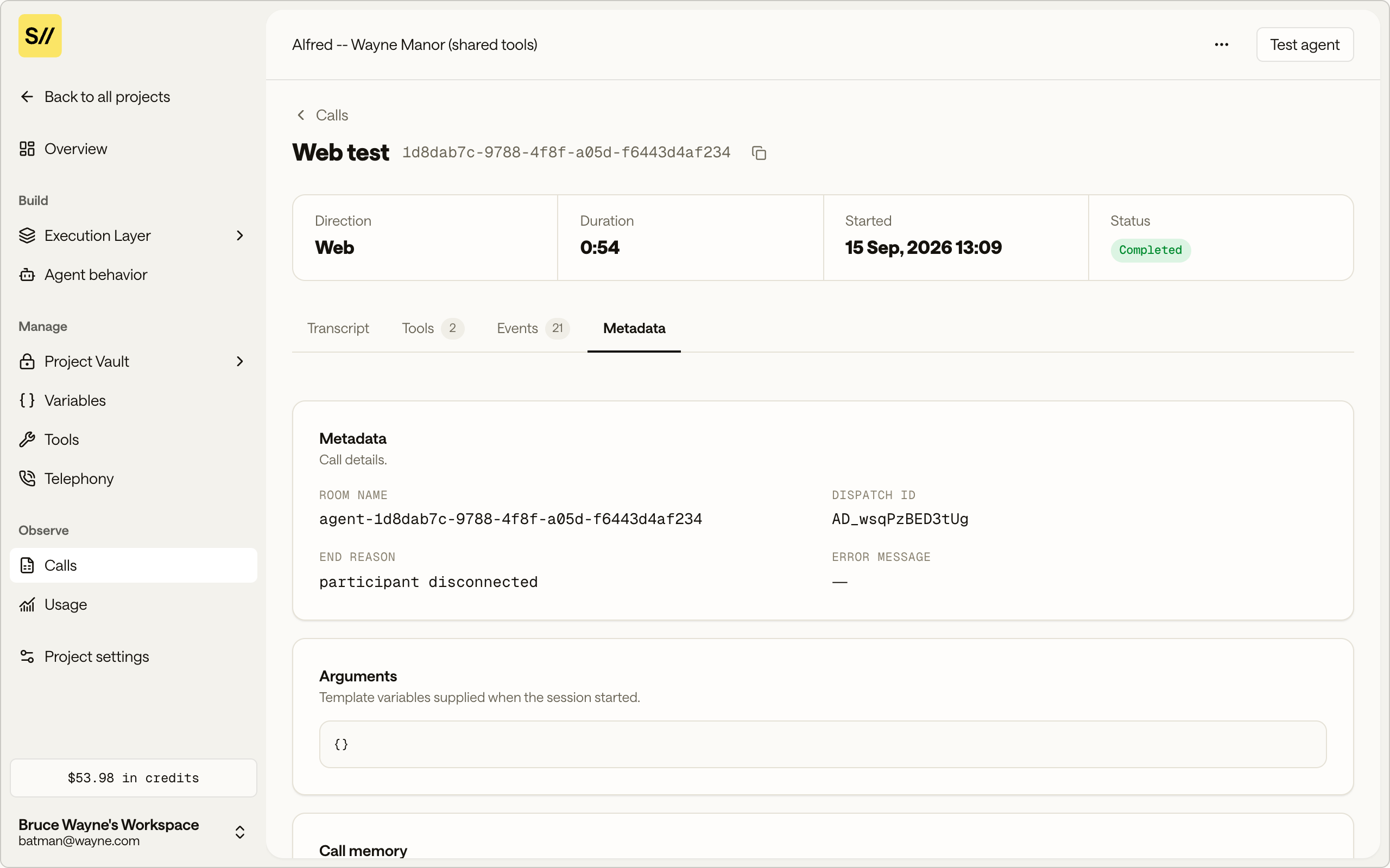 The Metadata tab showing room name, dispatch ID, end reason, arguments, and call memory