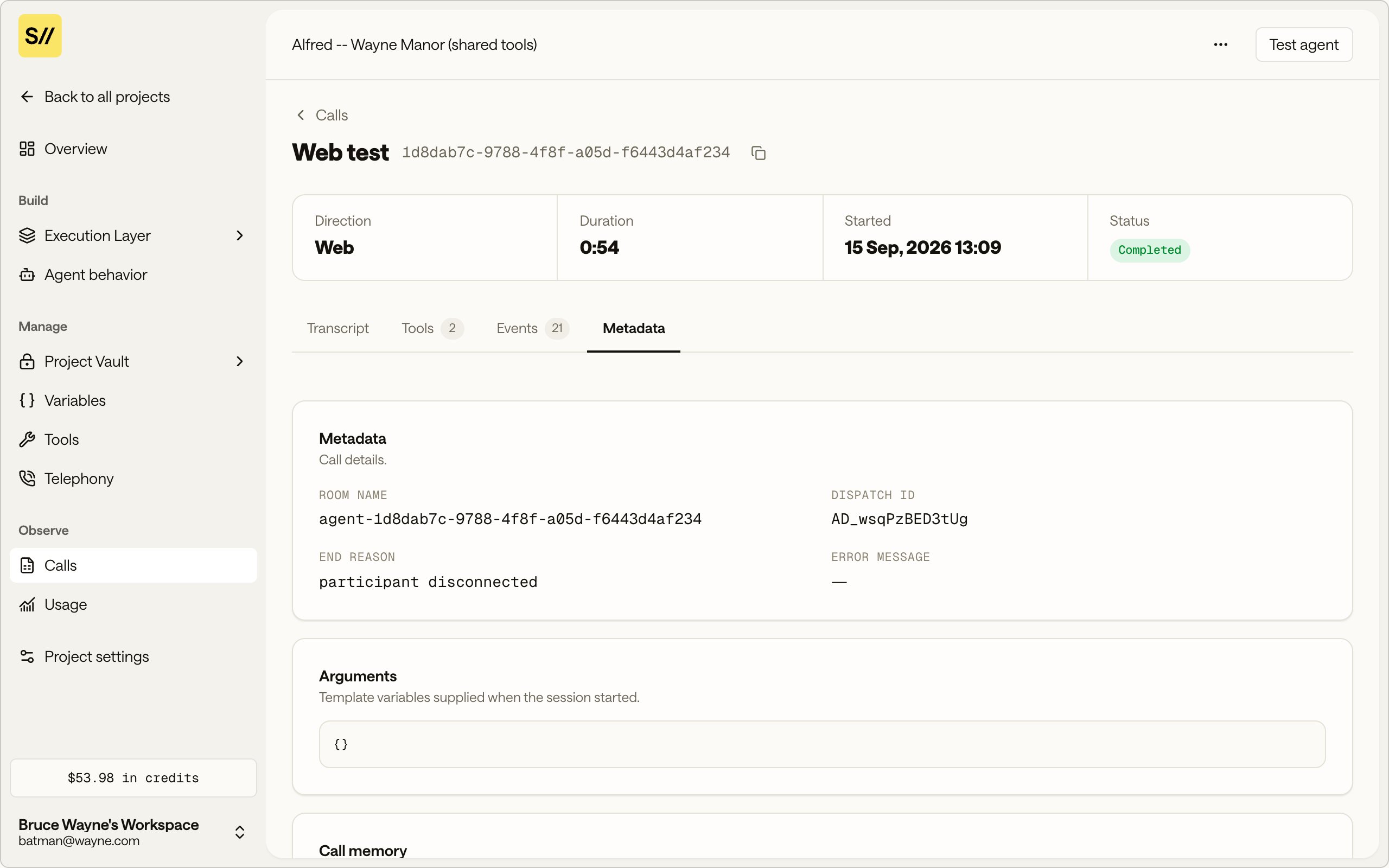 The Metadata tab showing room name, dispatch ID, end reason, arguments, and call memory