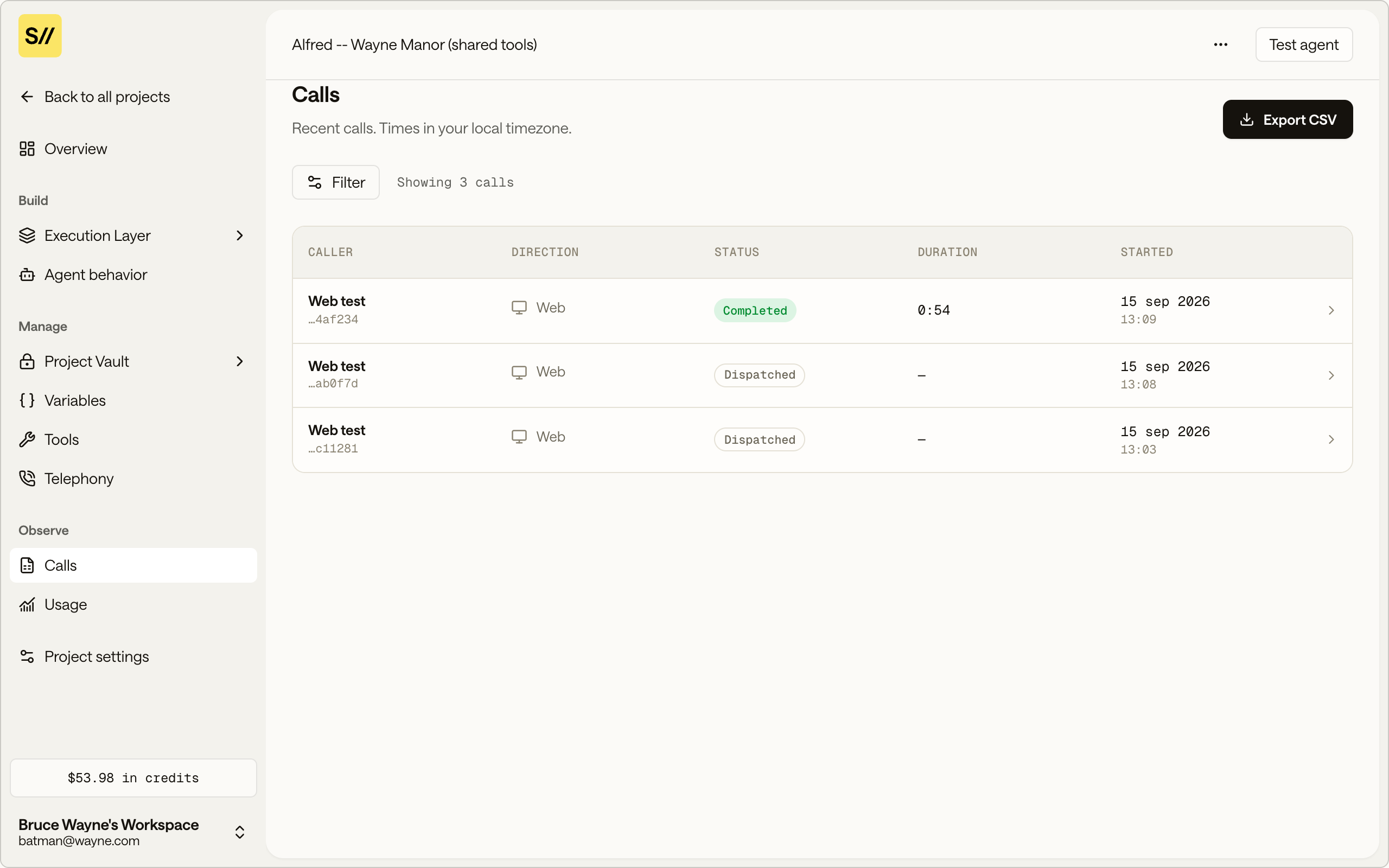 The Calls list showing caller, direction, status, duration, and start time