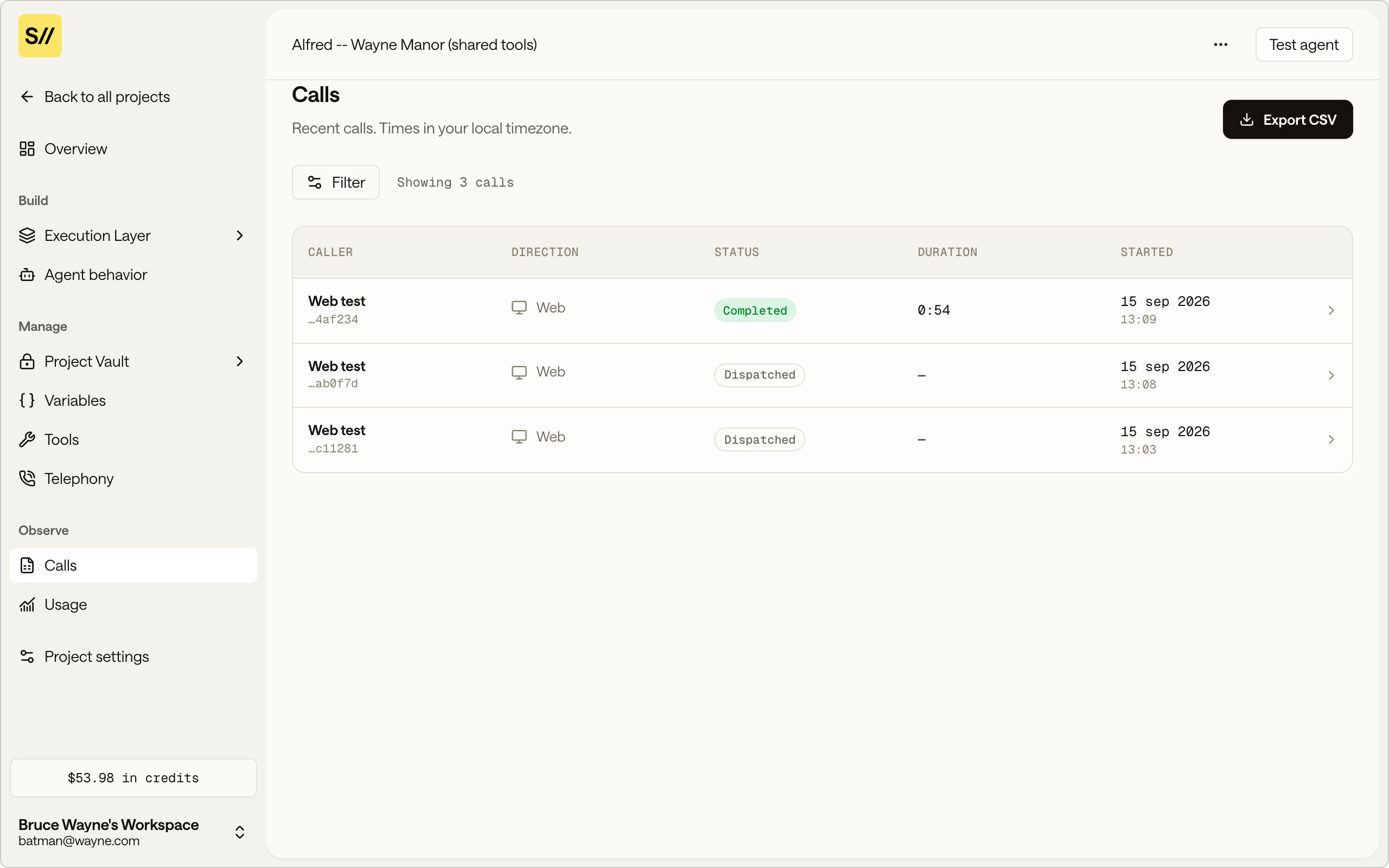 The Calls list showing caller, direction, status, duration, and start time