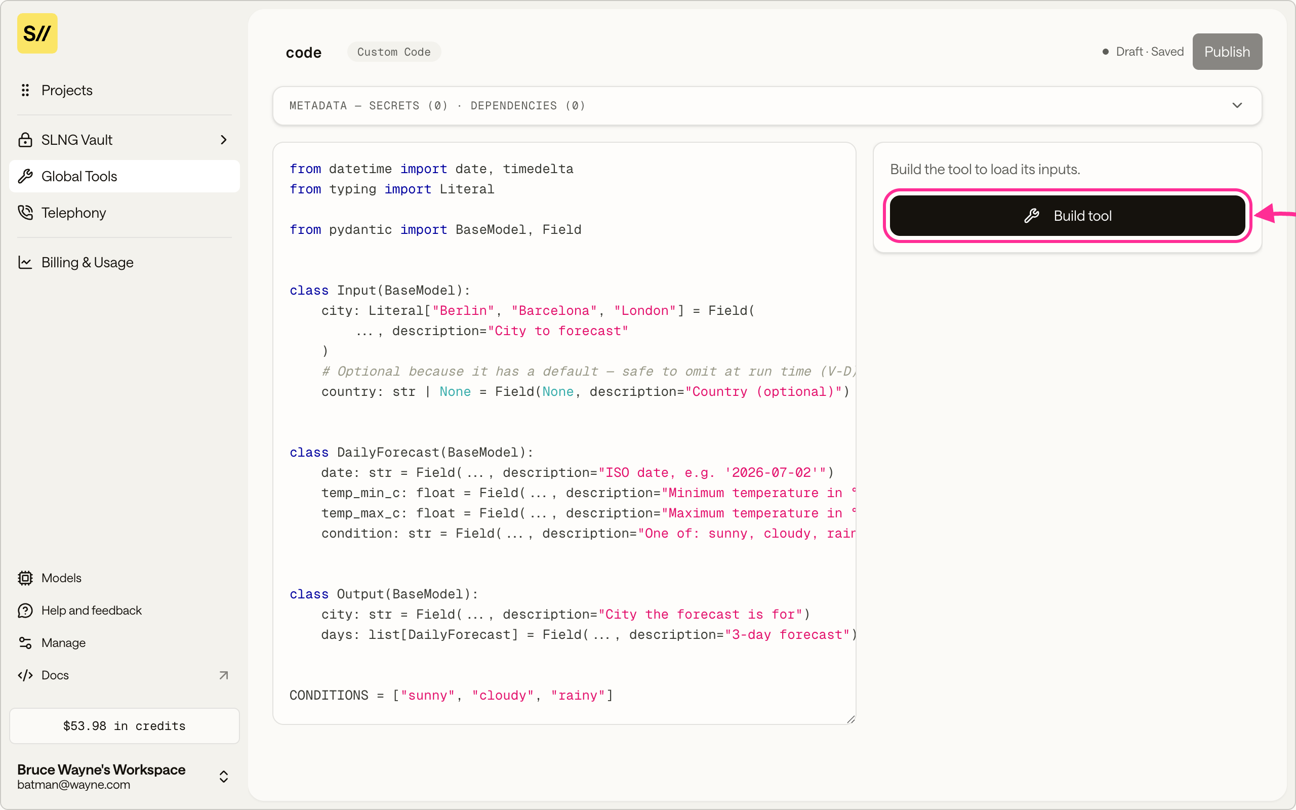 The Custom Code editor with Build tool highlighted