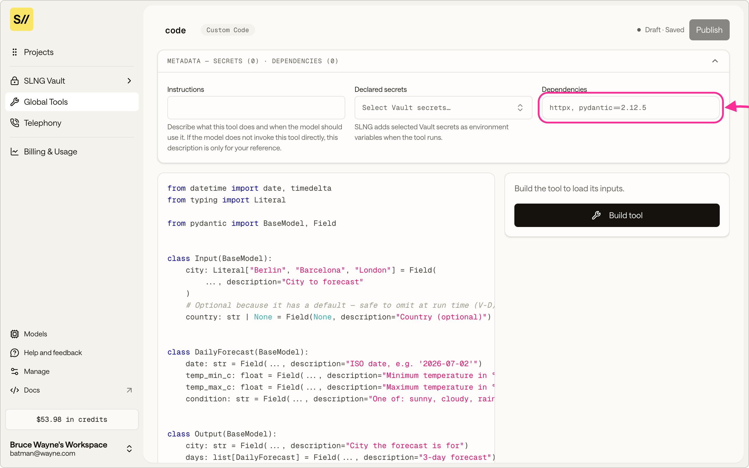 The Custom Code metadata panel with the Dependencies field highlighted