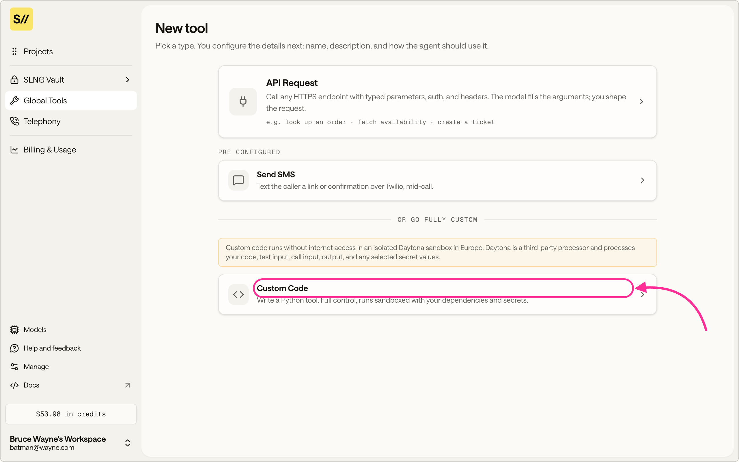The New tool page with Custom Code highlighted
