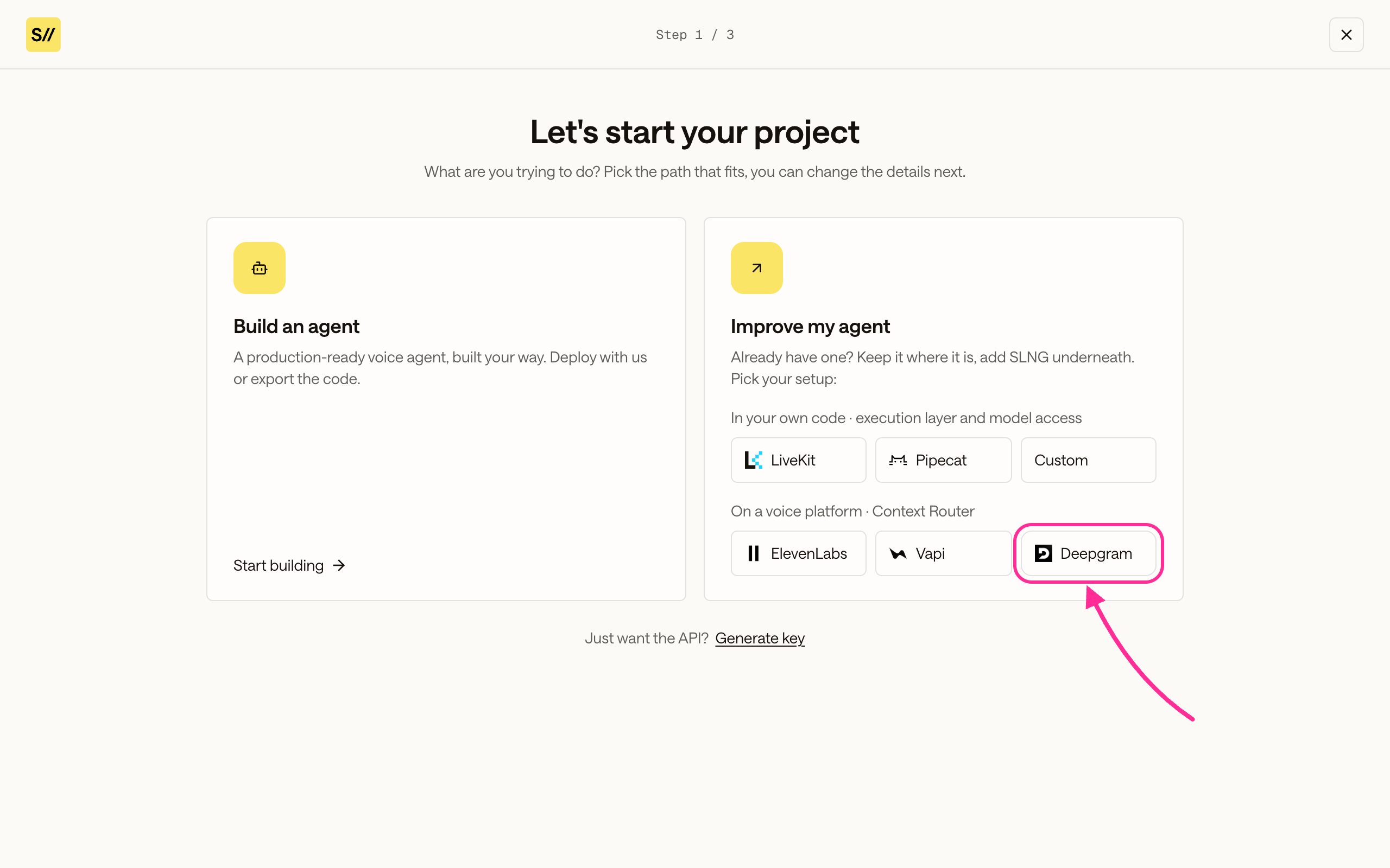 New project chooser with the Deepgram voice platform highlighted