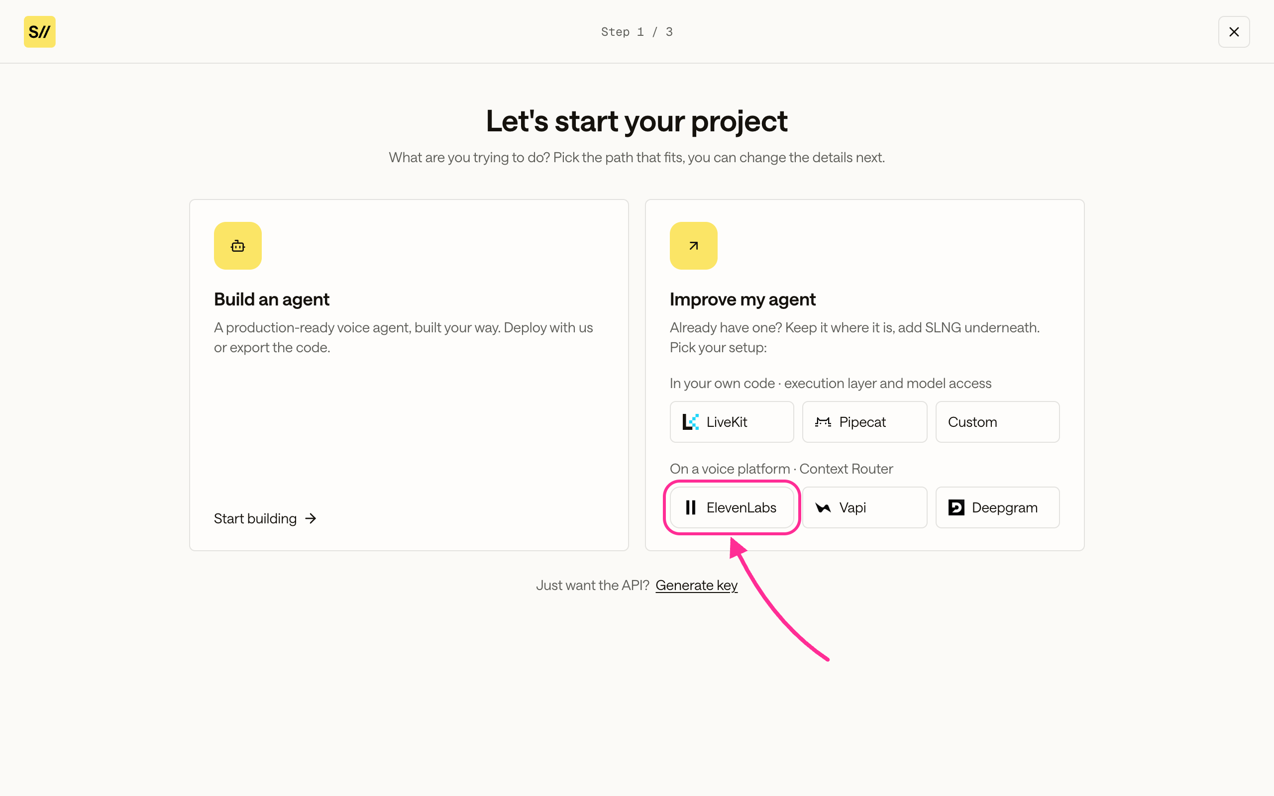 New project chooser with the ElevenLabs voice platform highlighted