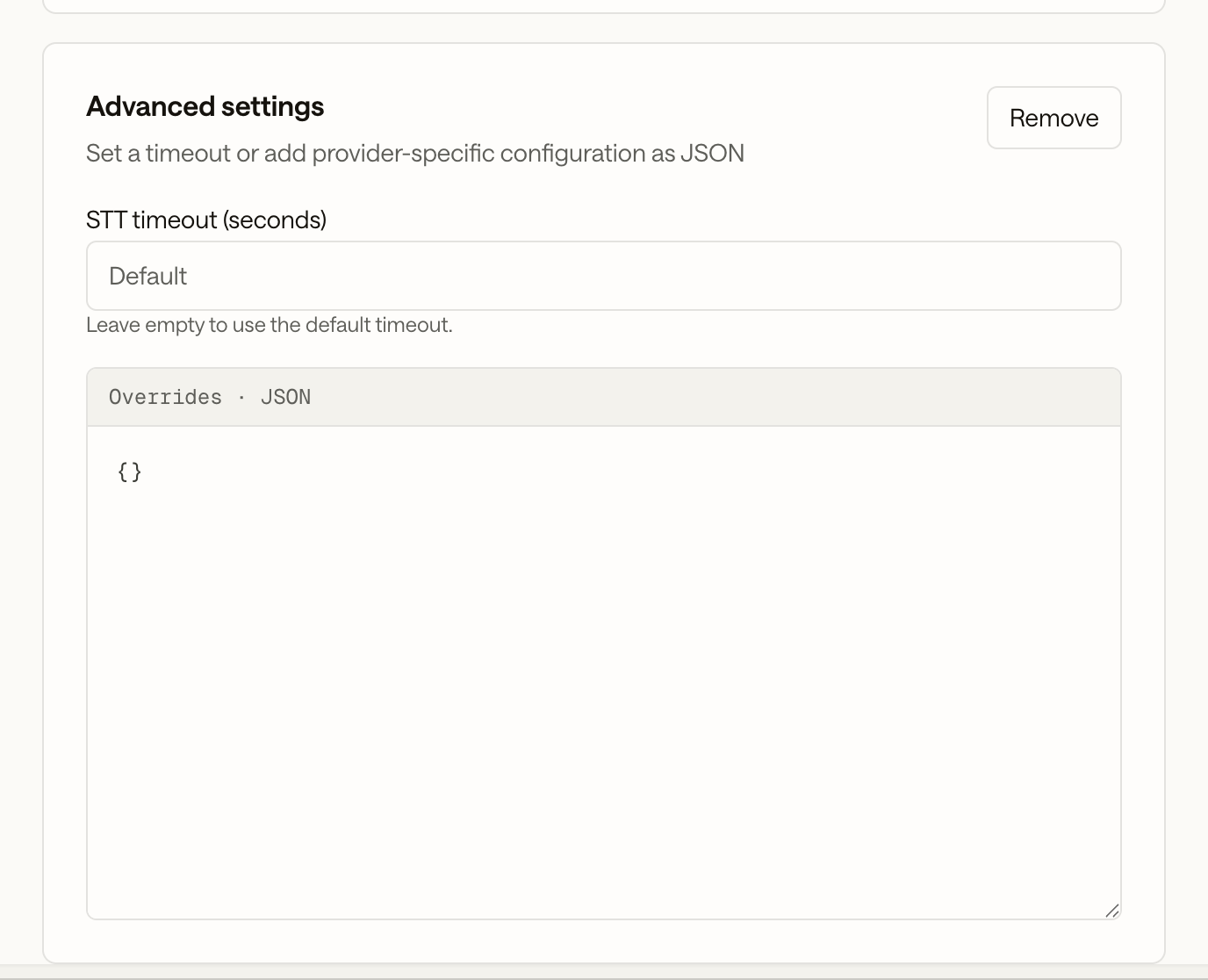 The Advanced settings block on the Listen section, with the STT timeout field and the Overrides JSON editor