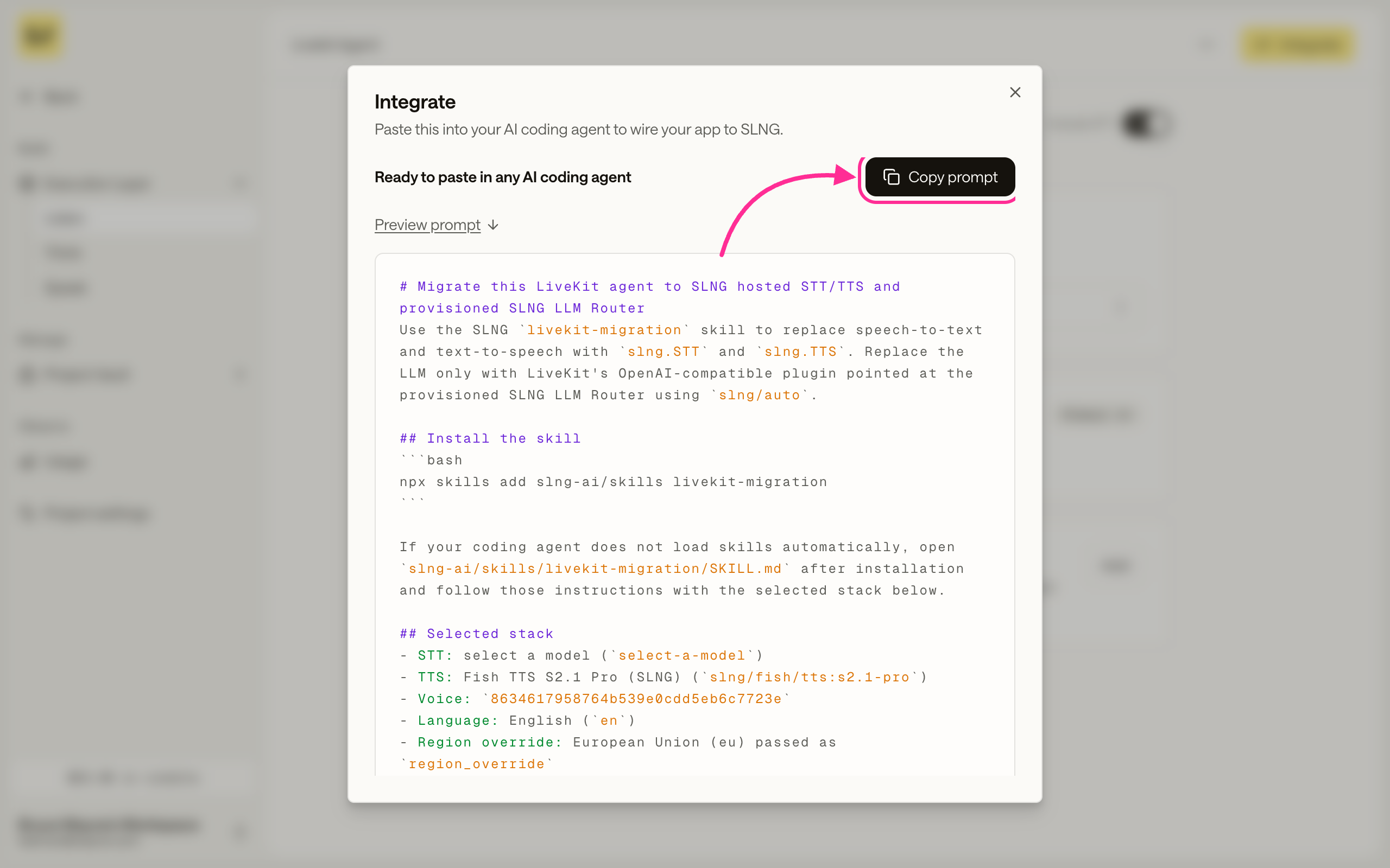 The Integrate modal with a Copy prompt button