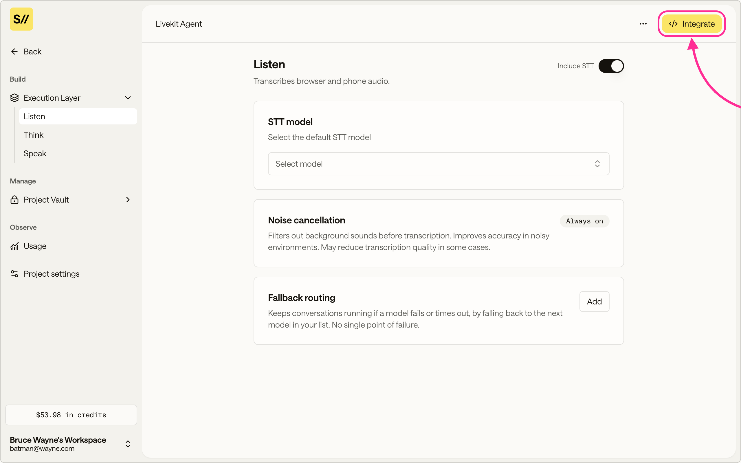 The Integrate button in the top right of the project