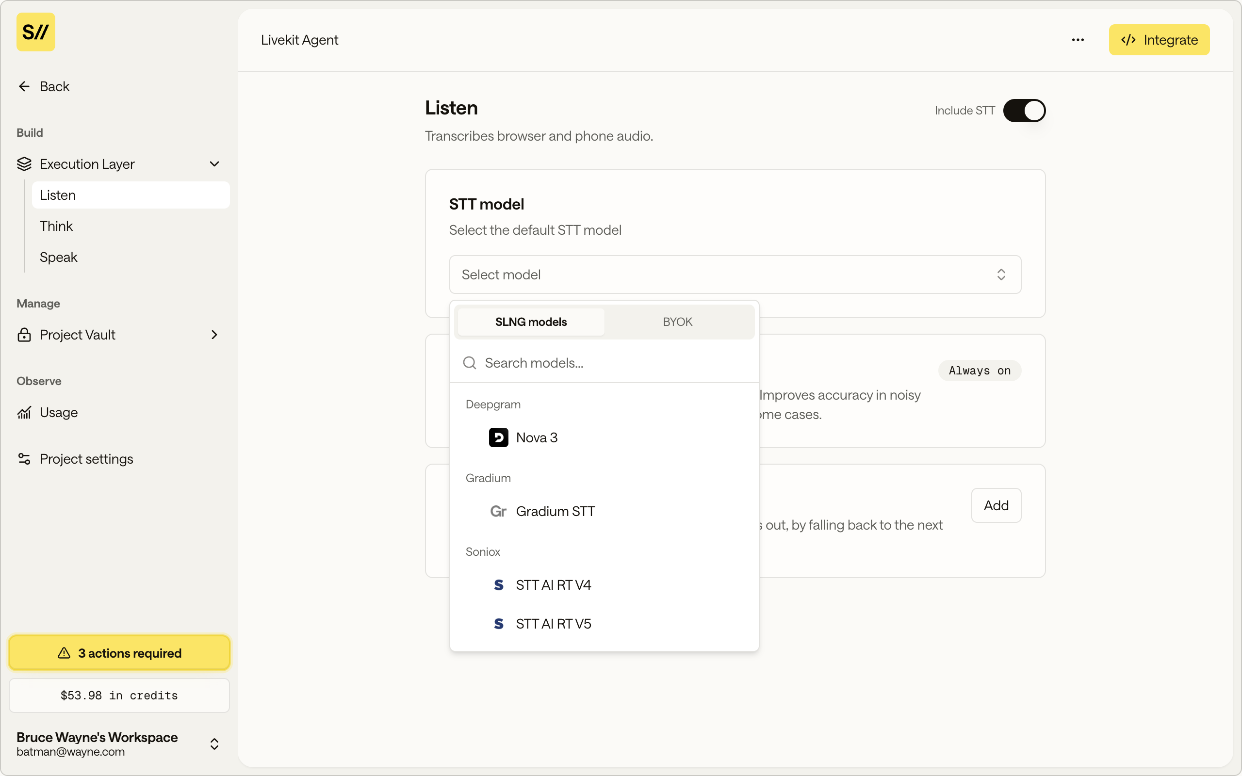 The Listen section STT model dropdown open, showing the SLNG models and BYOK tabs