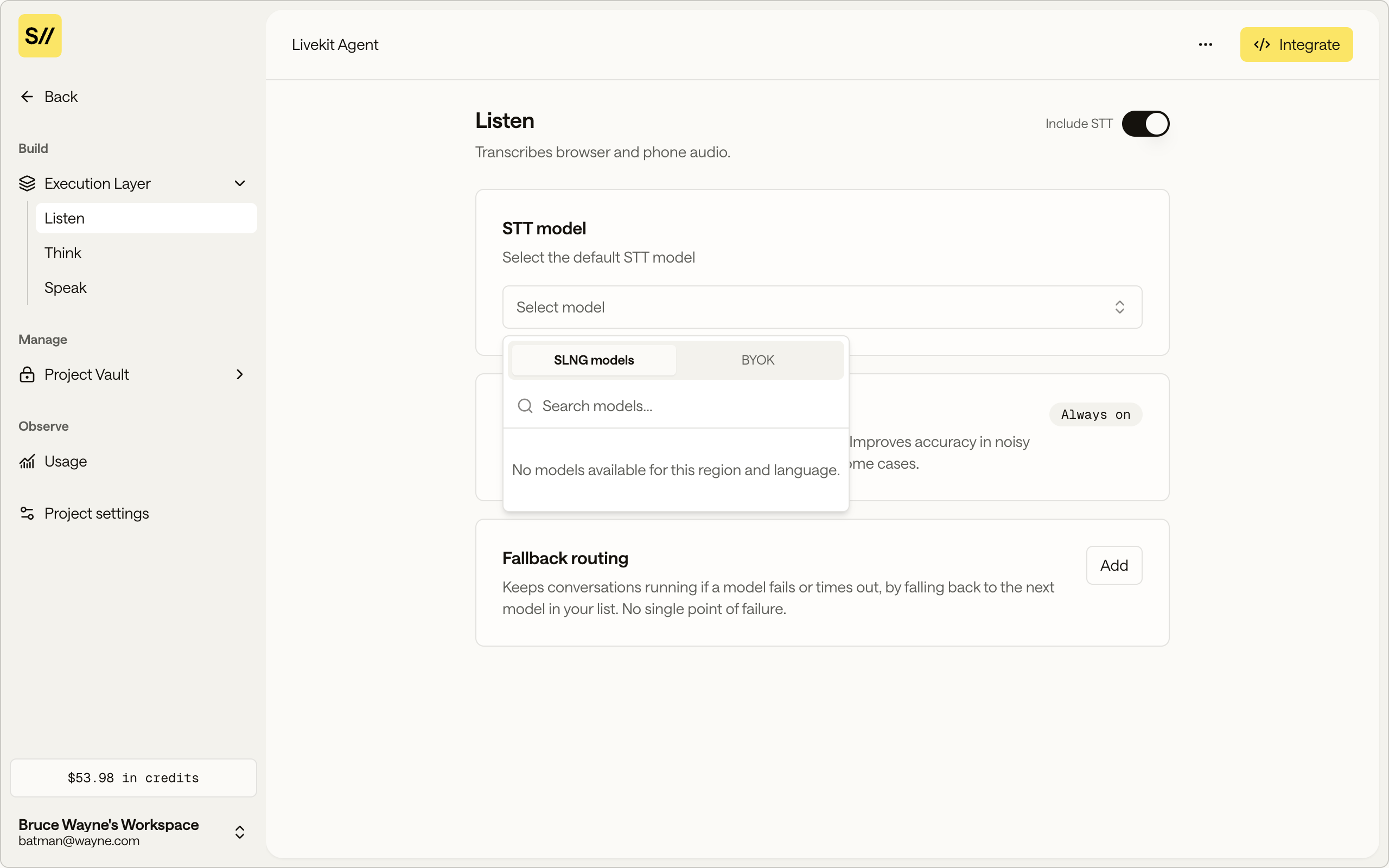 Listen section with the Include STT toggle on