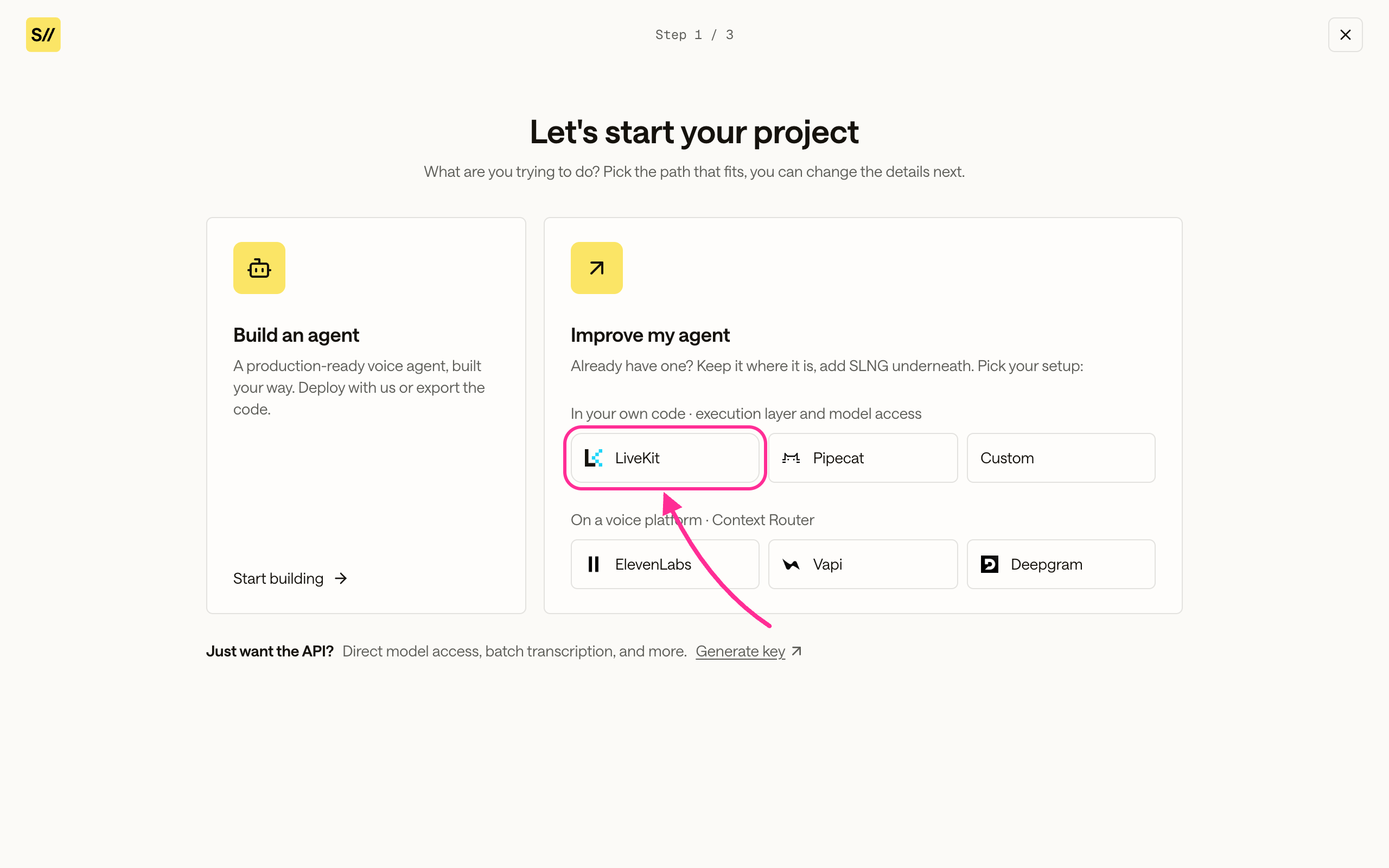 New project chooser with LiveKit highlighted under In your own code