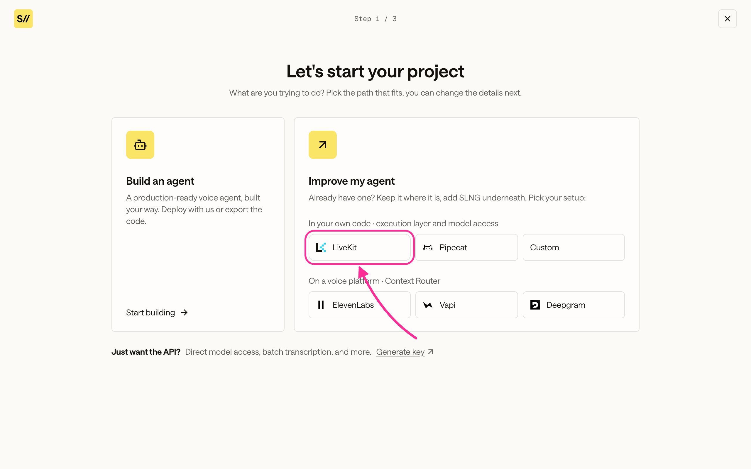 New project start screen with LiveKit highlighted under In your own code