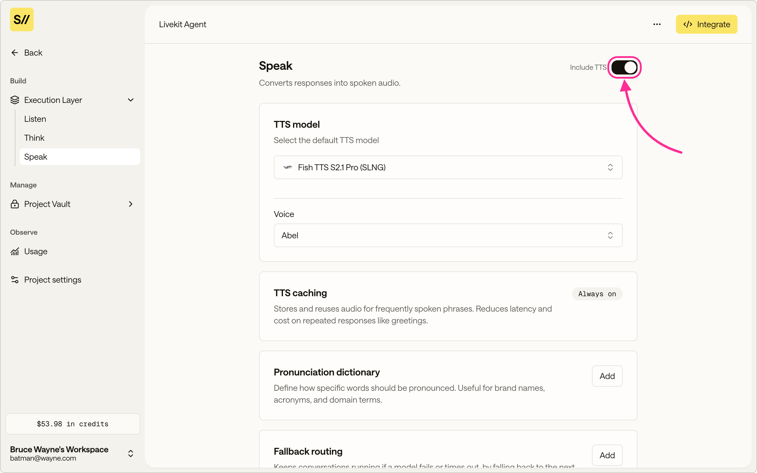 Speak section with the Include TTS toggle highlighted