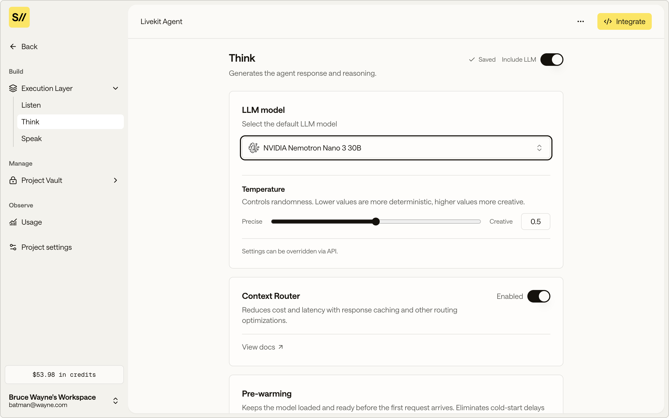 Think section with the language model turned on and a model chosen