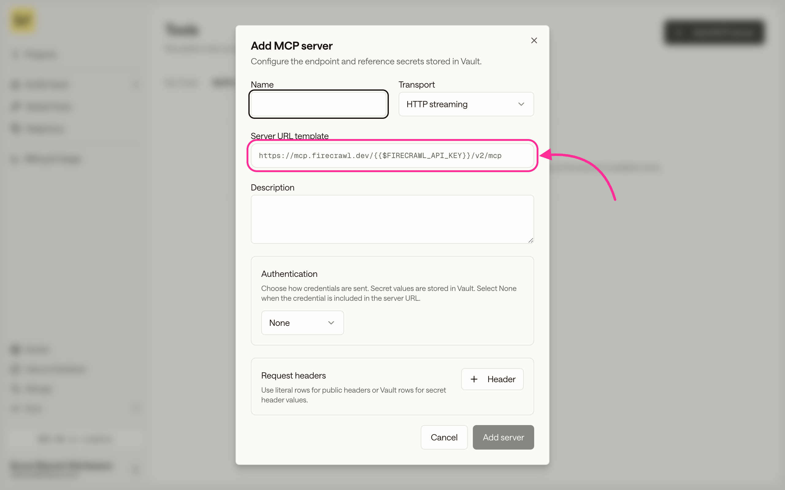 The Add MCP server form with Server URL template highlighted