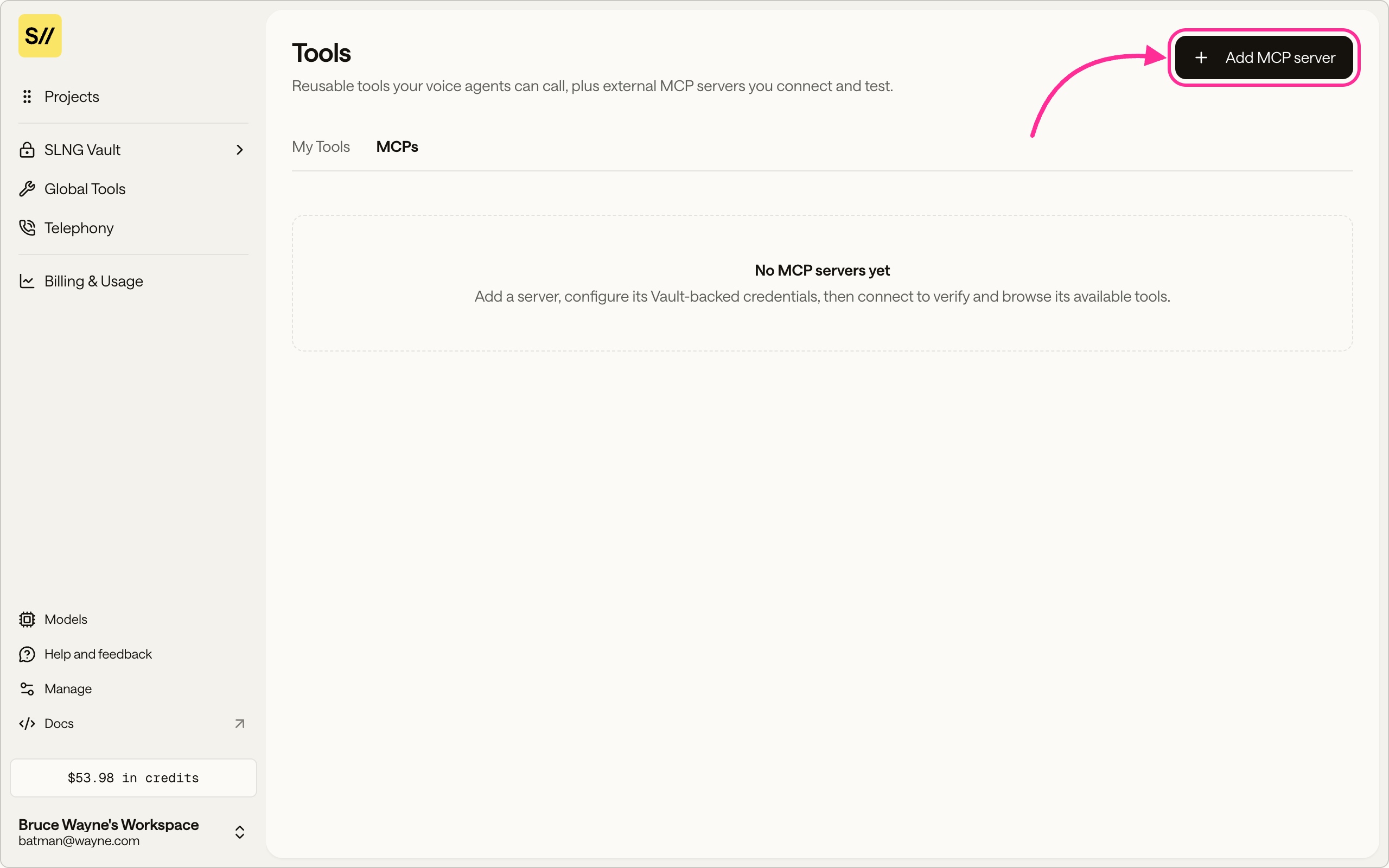 The MCPs tab with Add MCP server highlighted