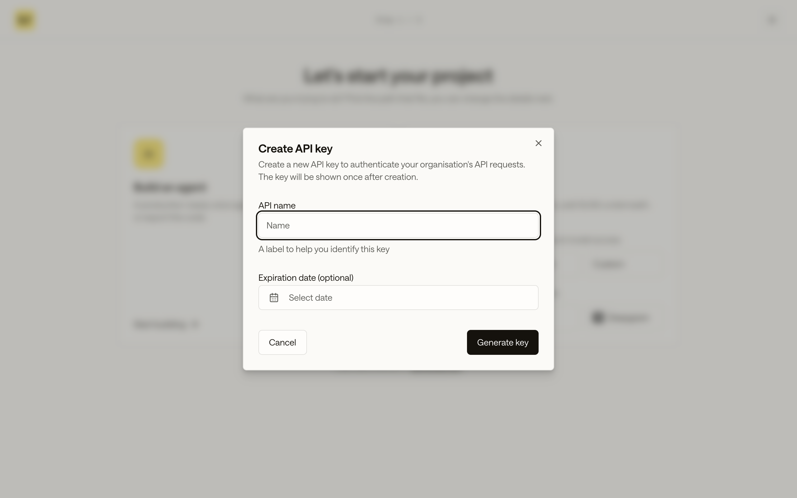 Create API key dialog with an API name field and an optional expiration date