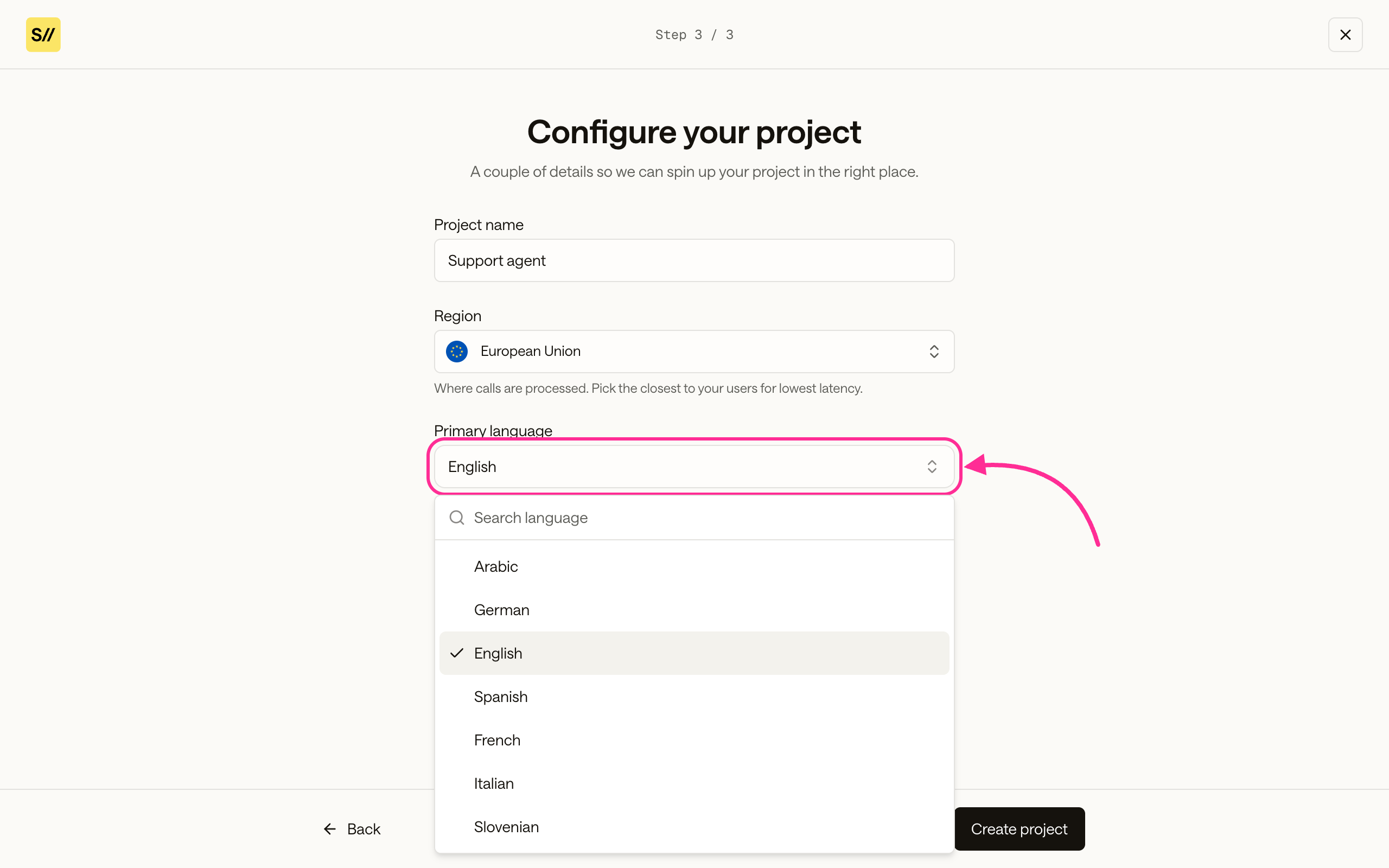 Configure your project step with the Primary language dropdown open
