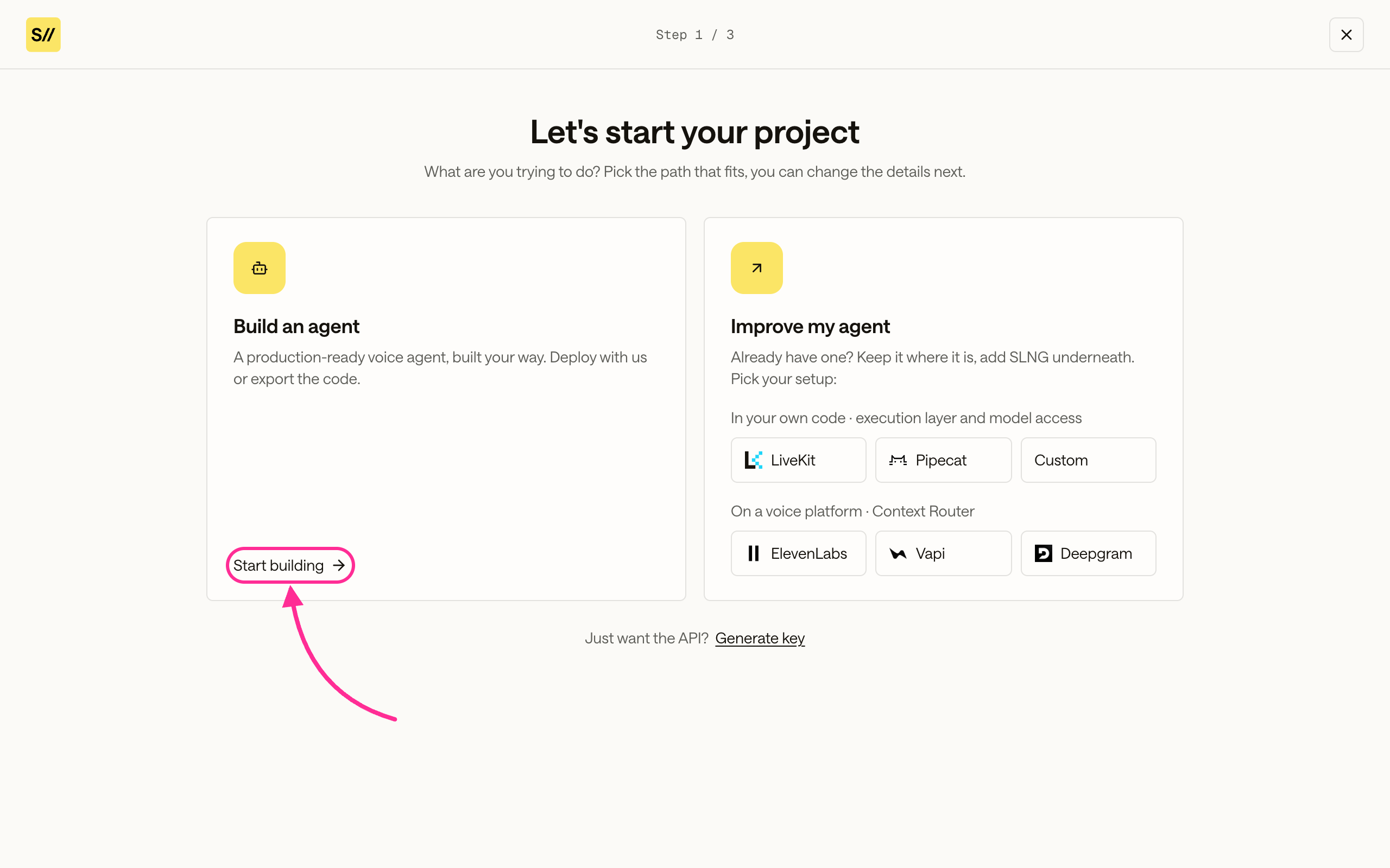 New project step 1 with the Build an agent card