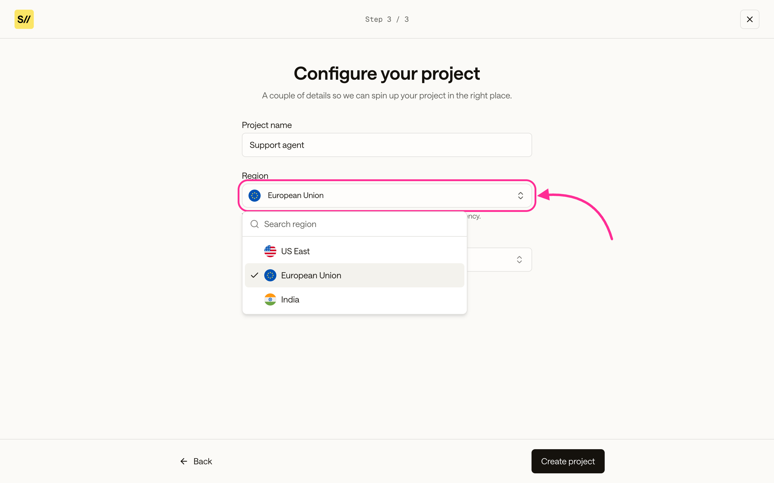 Configure your project step with the Region dropdown open