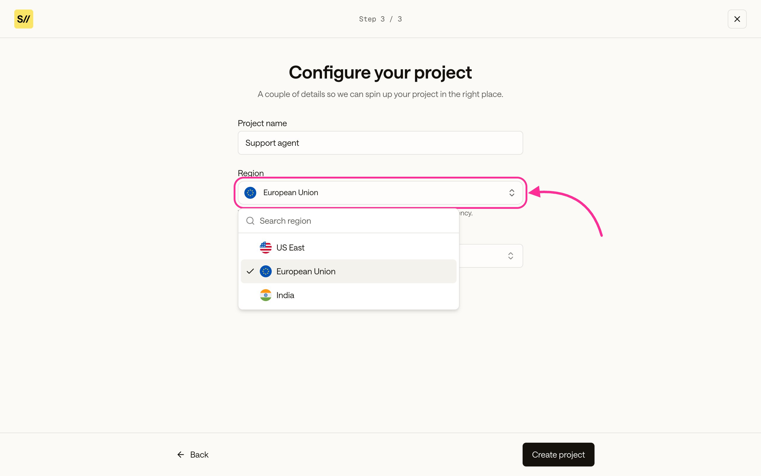Configure your project step with the Region dropdown open