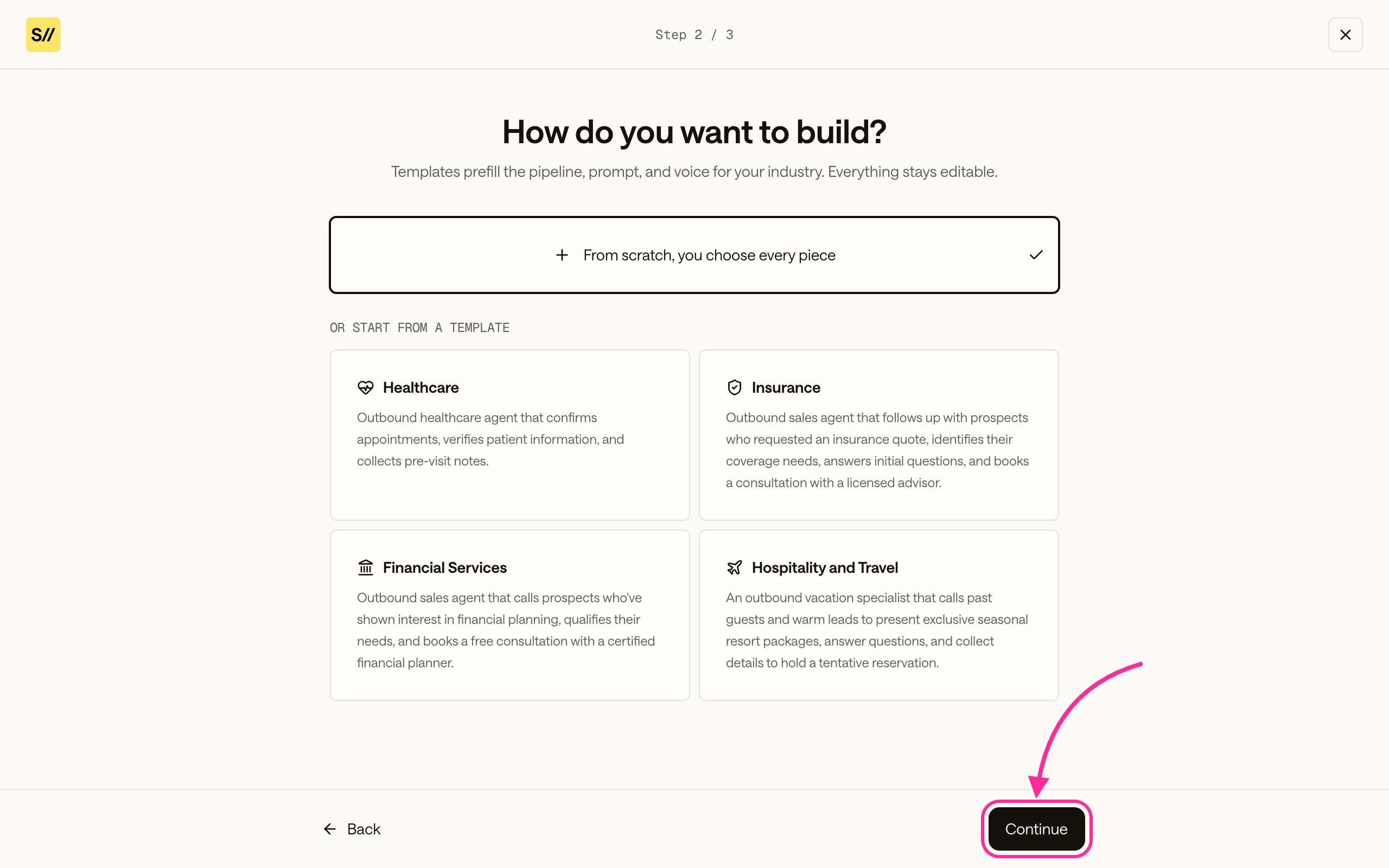 New project step 2 with From scratch selected and four industry templates