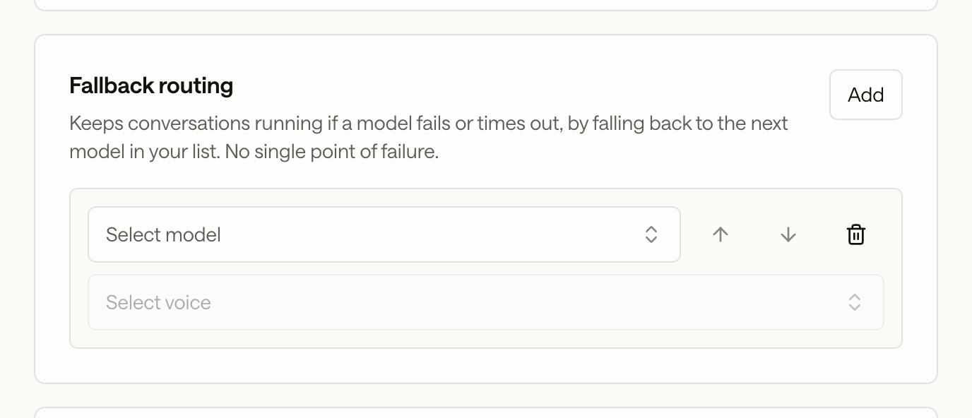 The Fallback routing card on the Speak section with a fallback row: a model picker, a voice picker, and reorder and remove controls