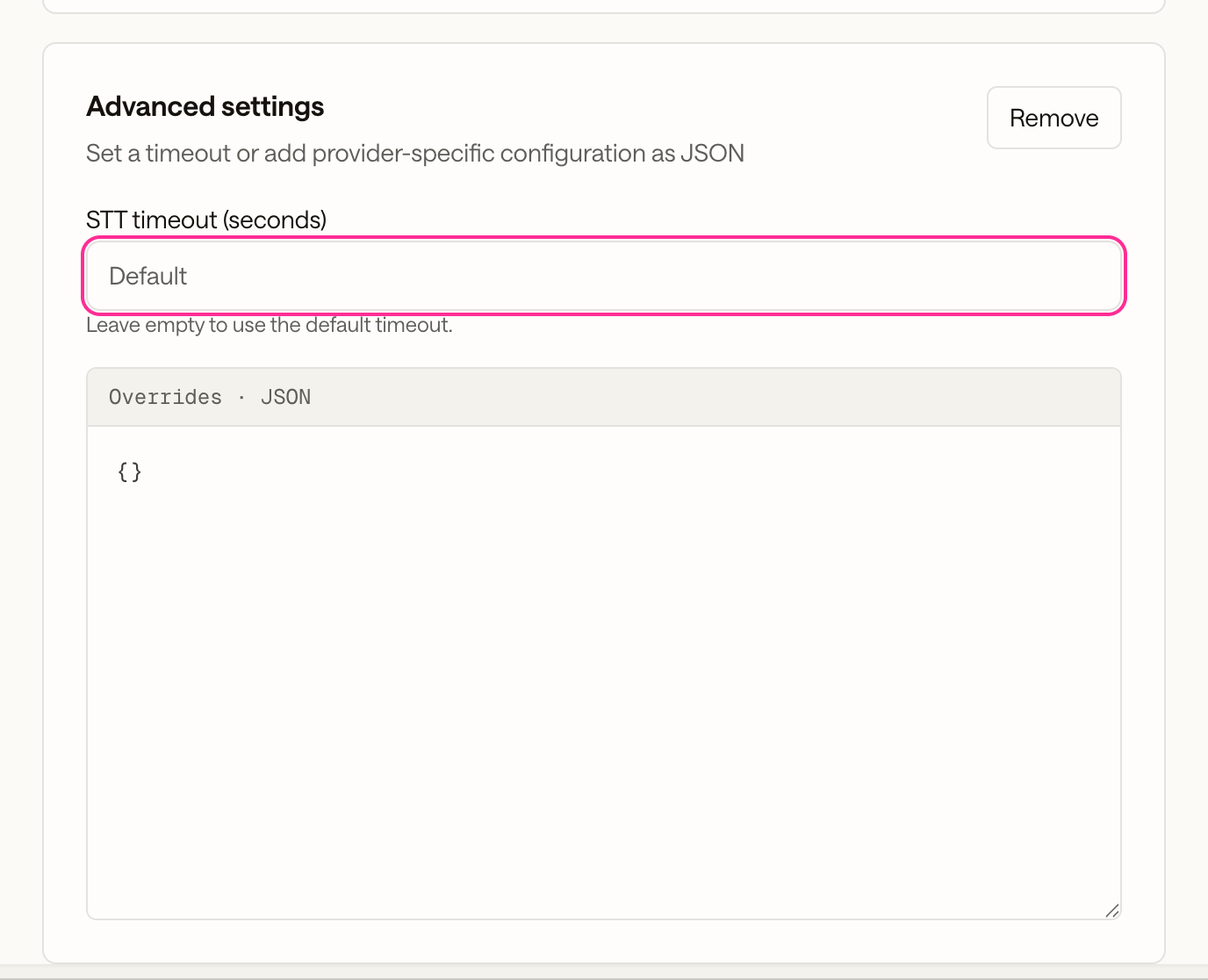 The Advanced settings card on the Listen section with the STT timeout field highlighted