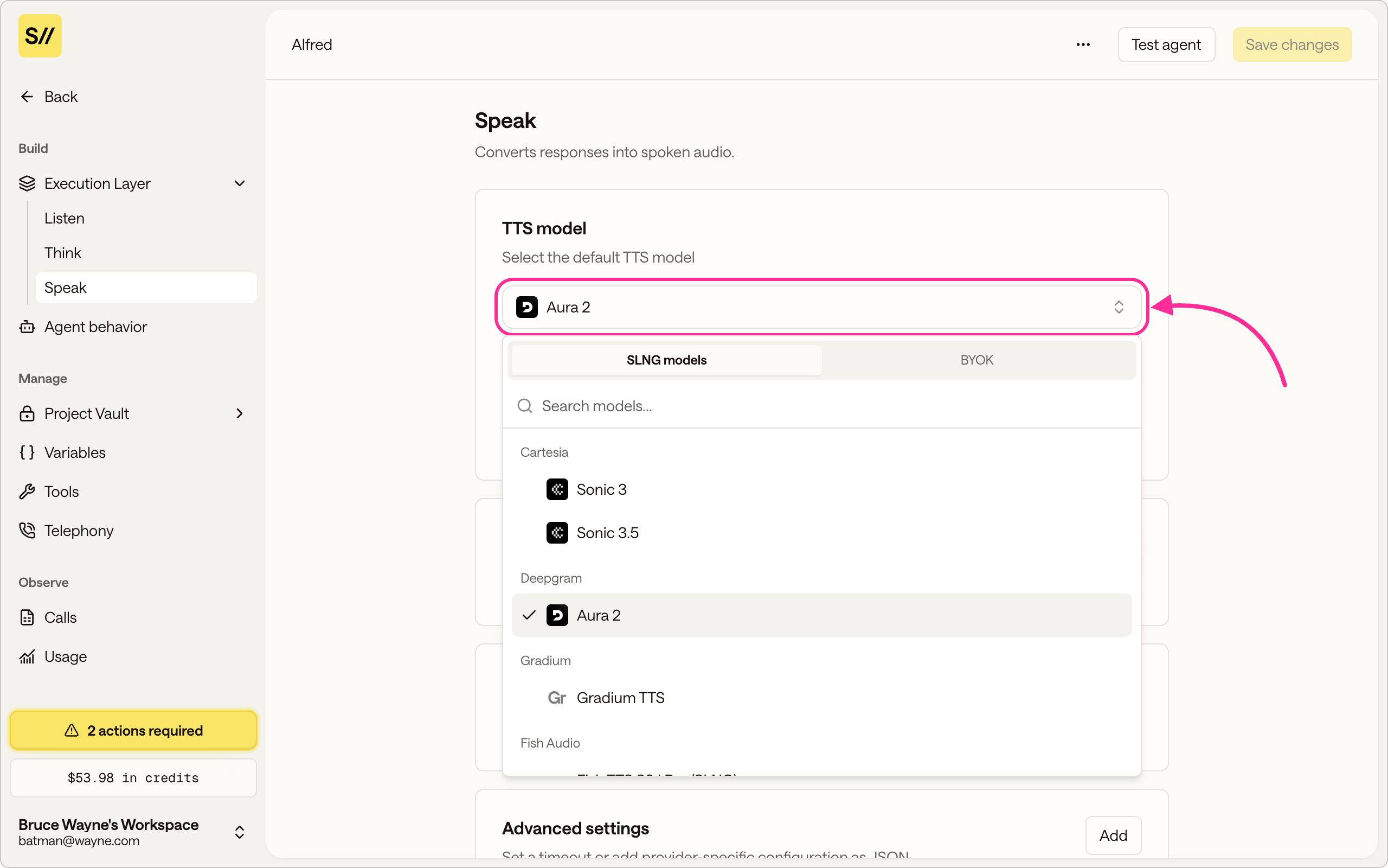 A model dropdown open, showing the SLNG models and BYOK tabs