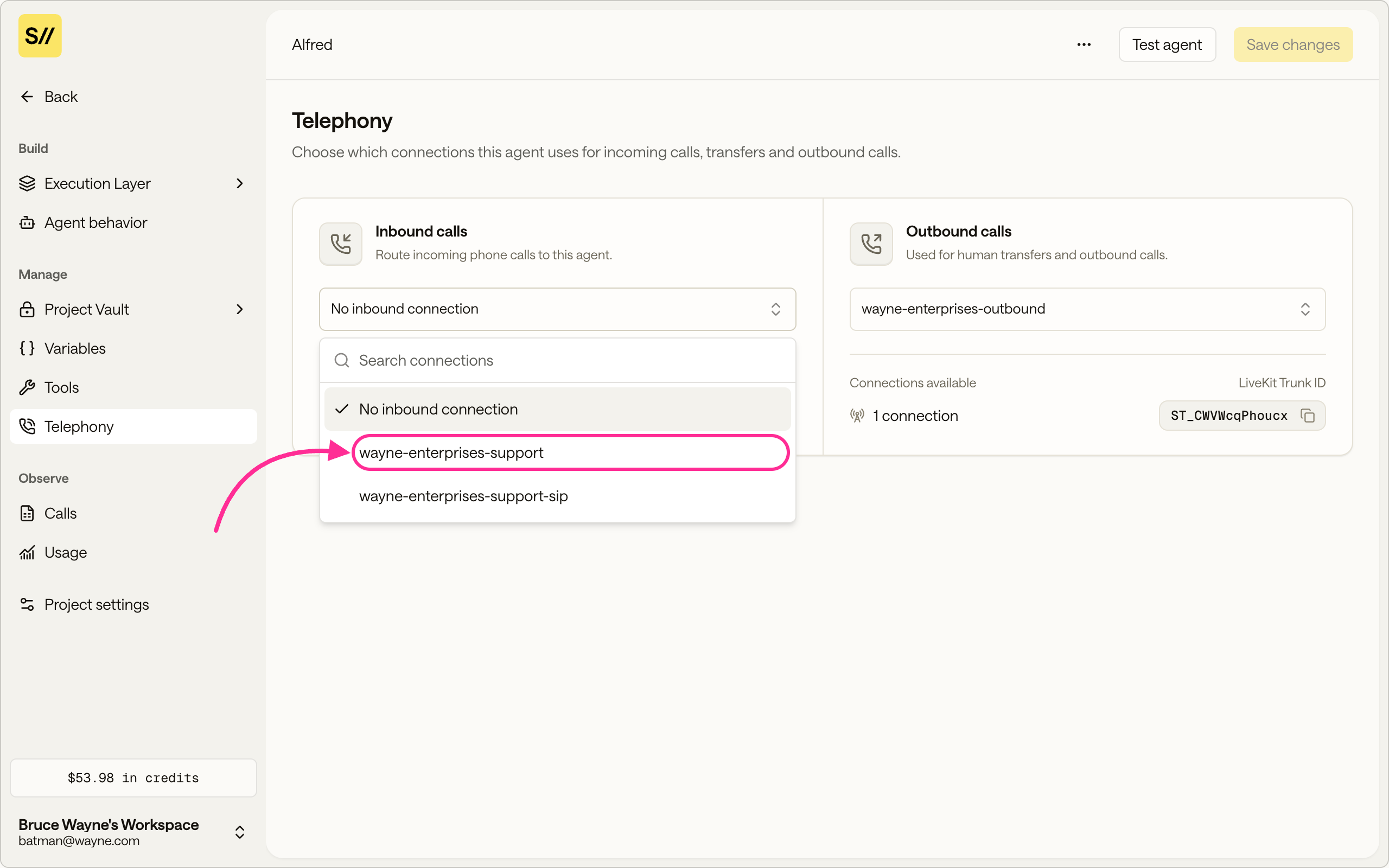 The project Telephony section with the inbound connection dropdown open