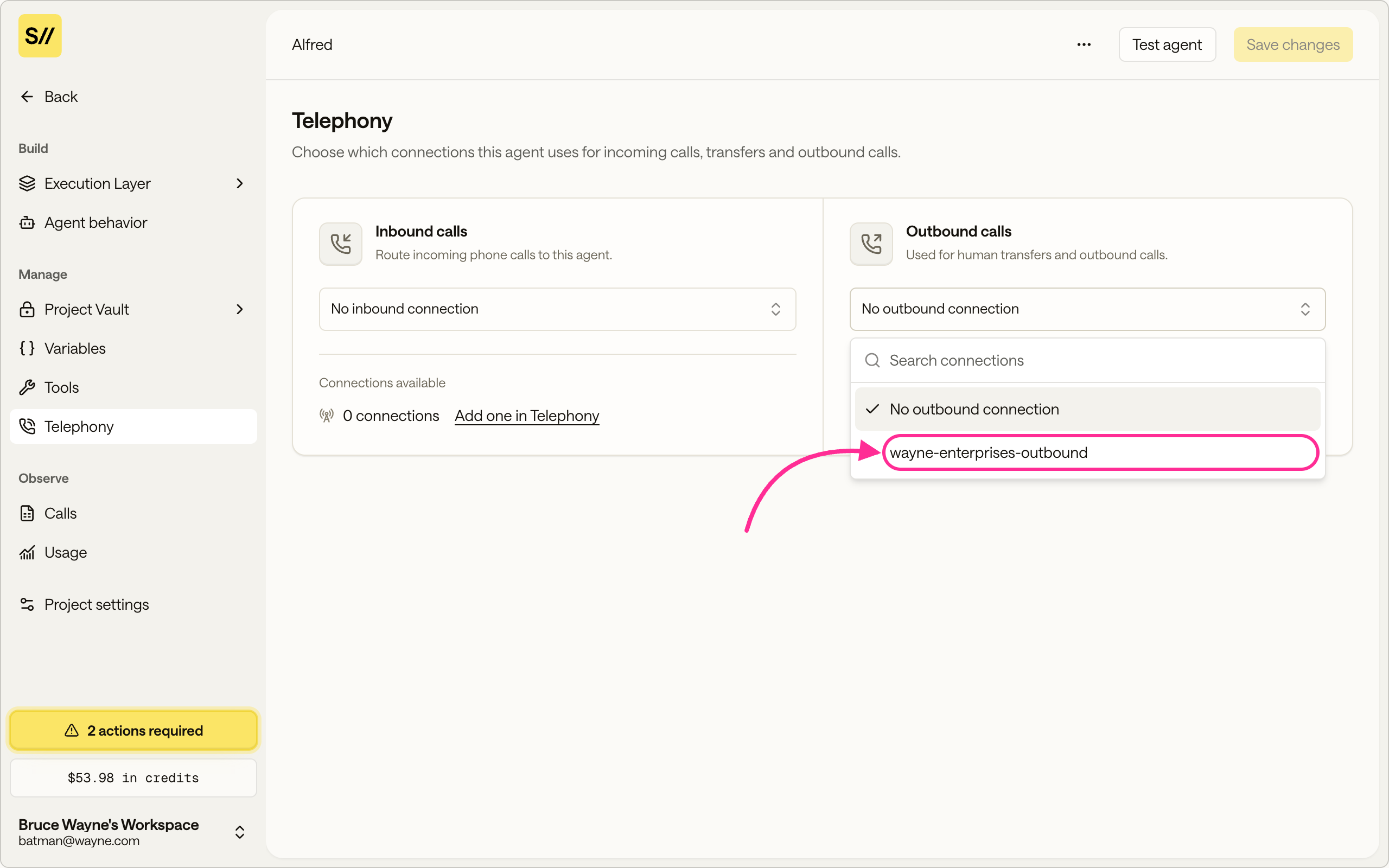 The project Telephony section with the outbound connection dropdown open