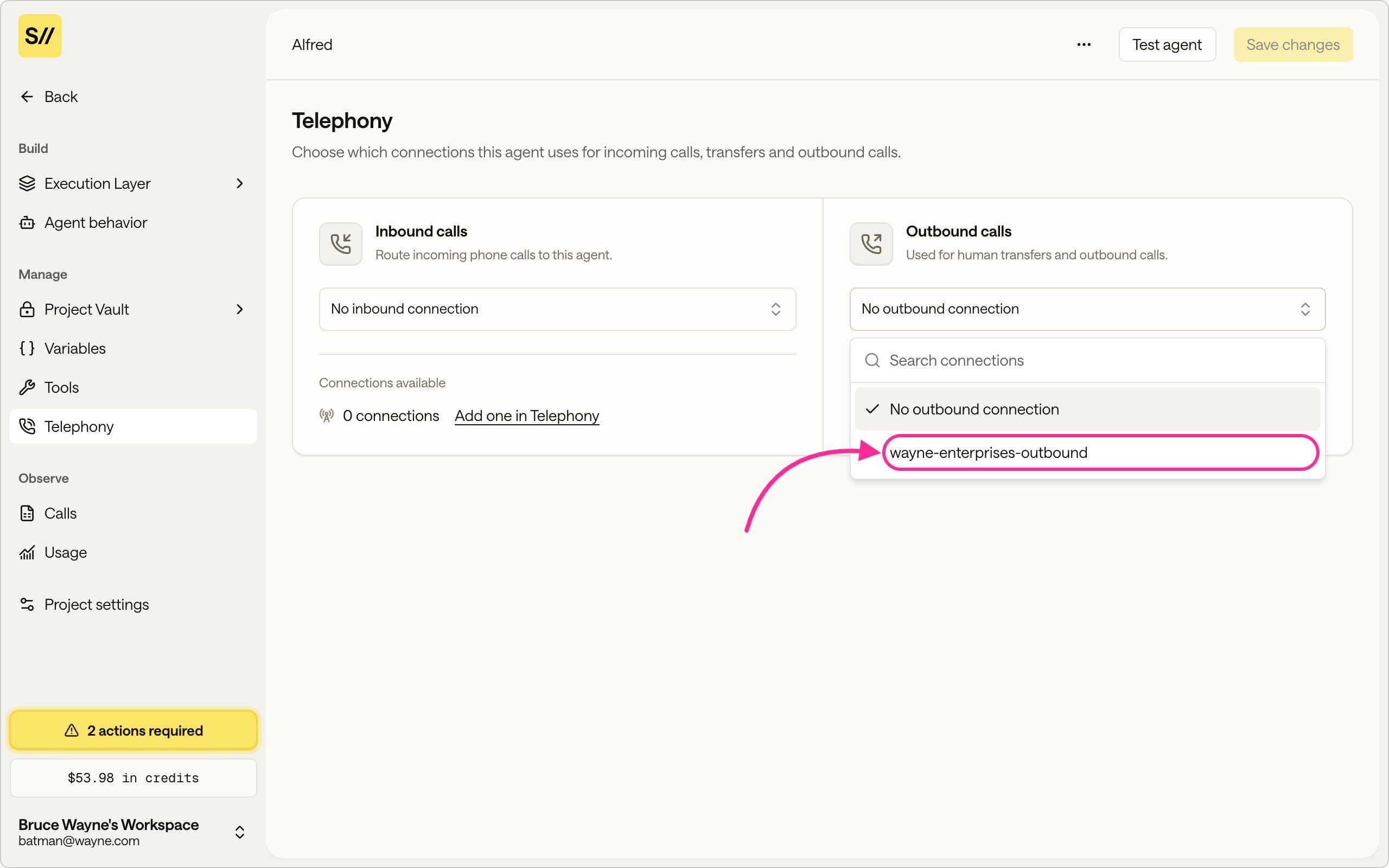 The project Telephony section with the outbound connection dropdown open