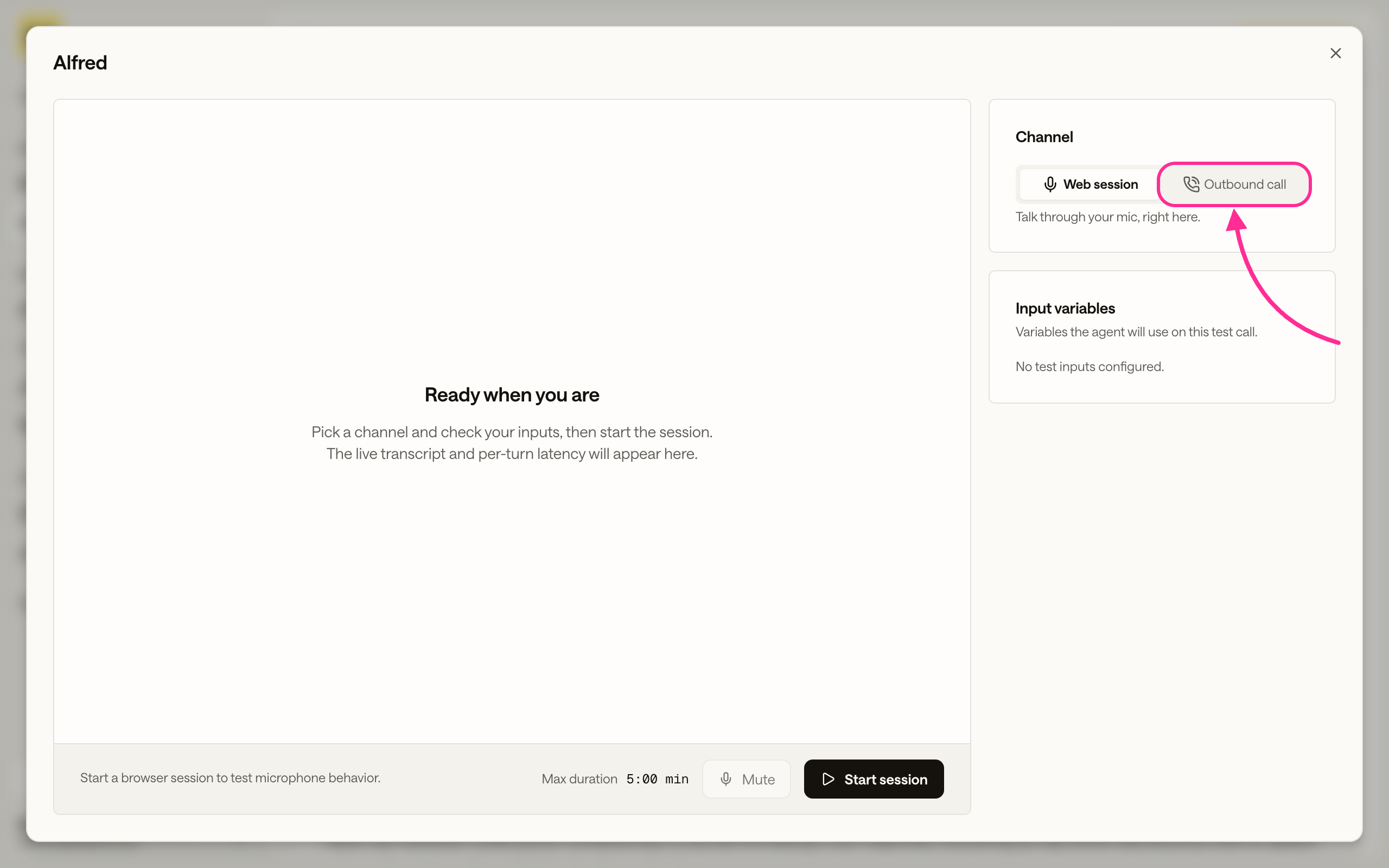 The Test agent panel with the Channel set to Web session and an Outbound call option