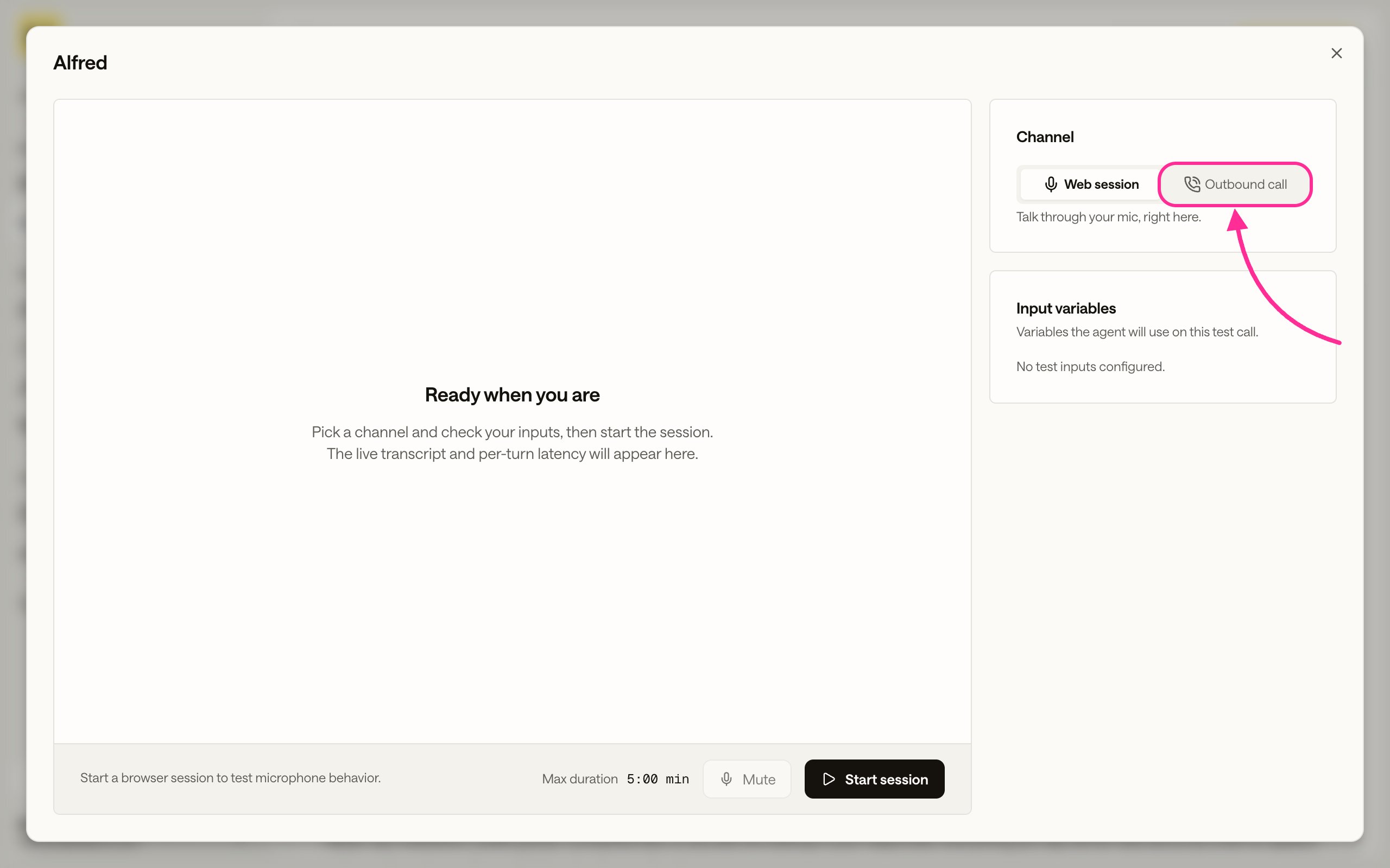 The Test agent panel with the Channel set to Web session and an Outbound call option