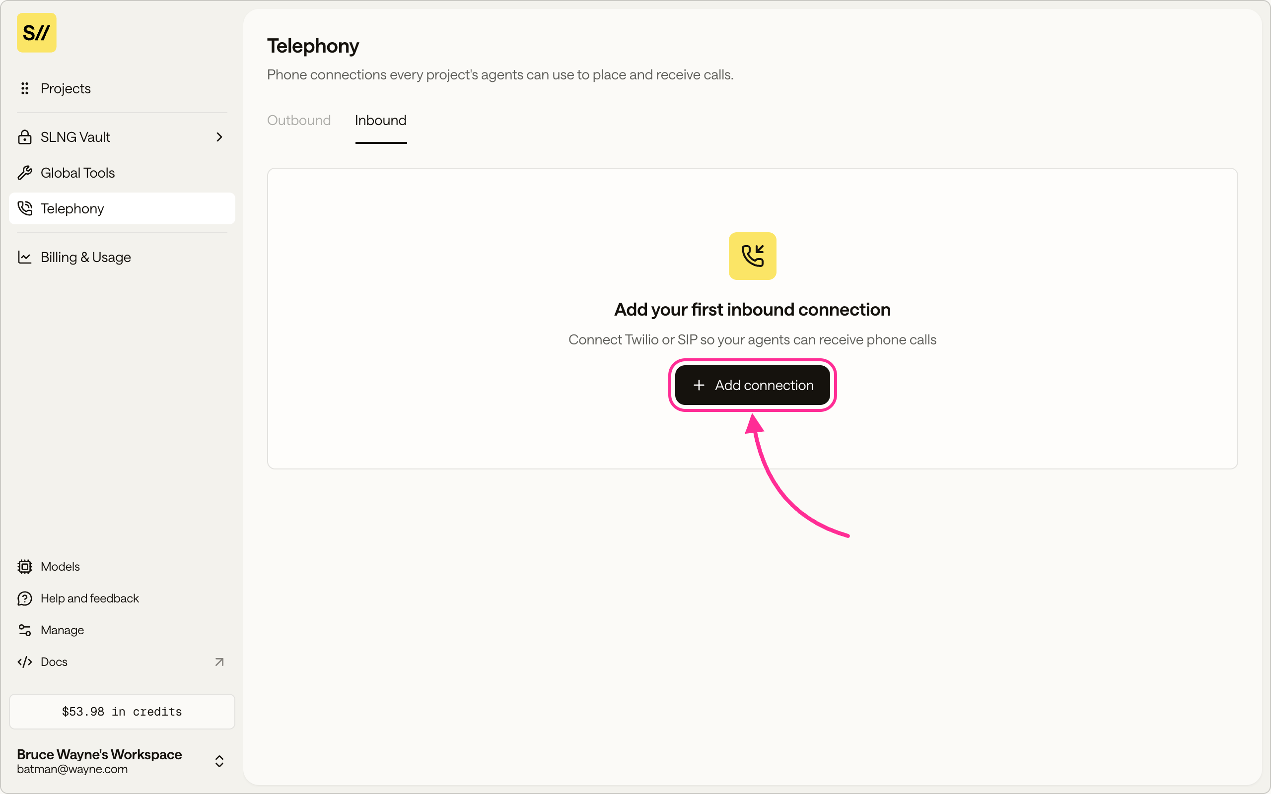 The Inbound tab of the Telephony section with the Add connection button