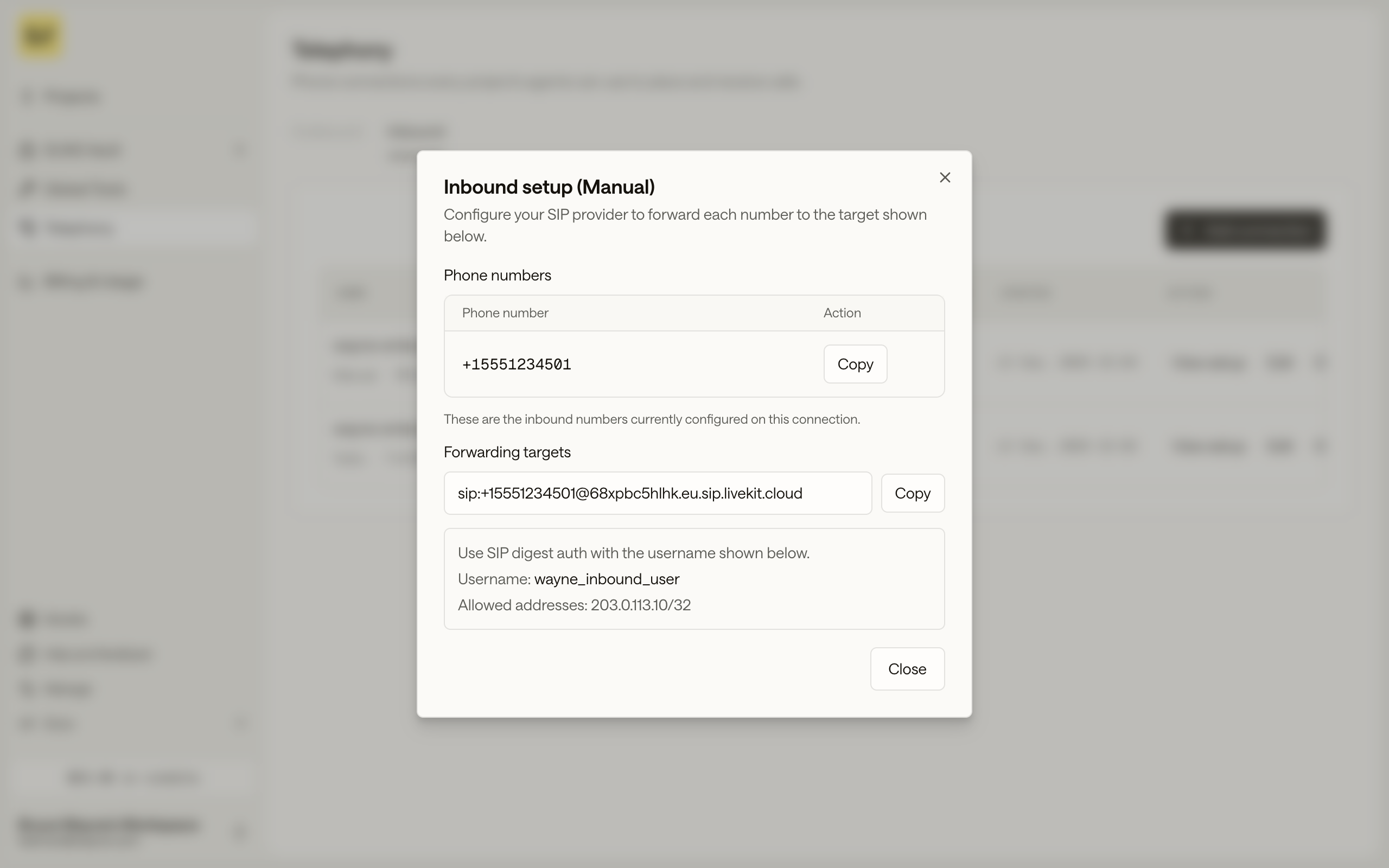 The inbound connection detail in manual mode, listing each phone number with its forwarding target
