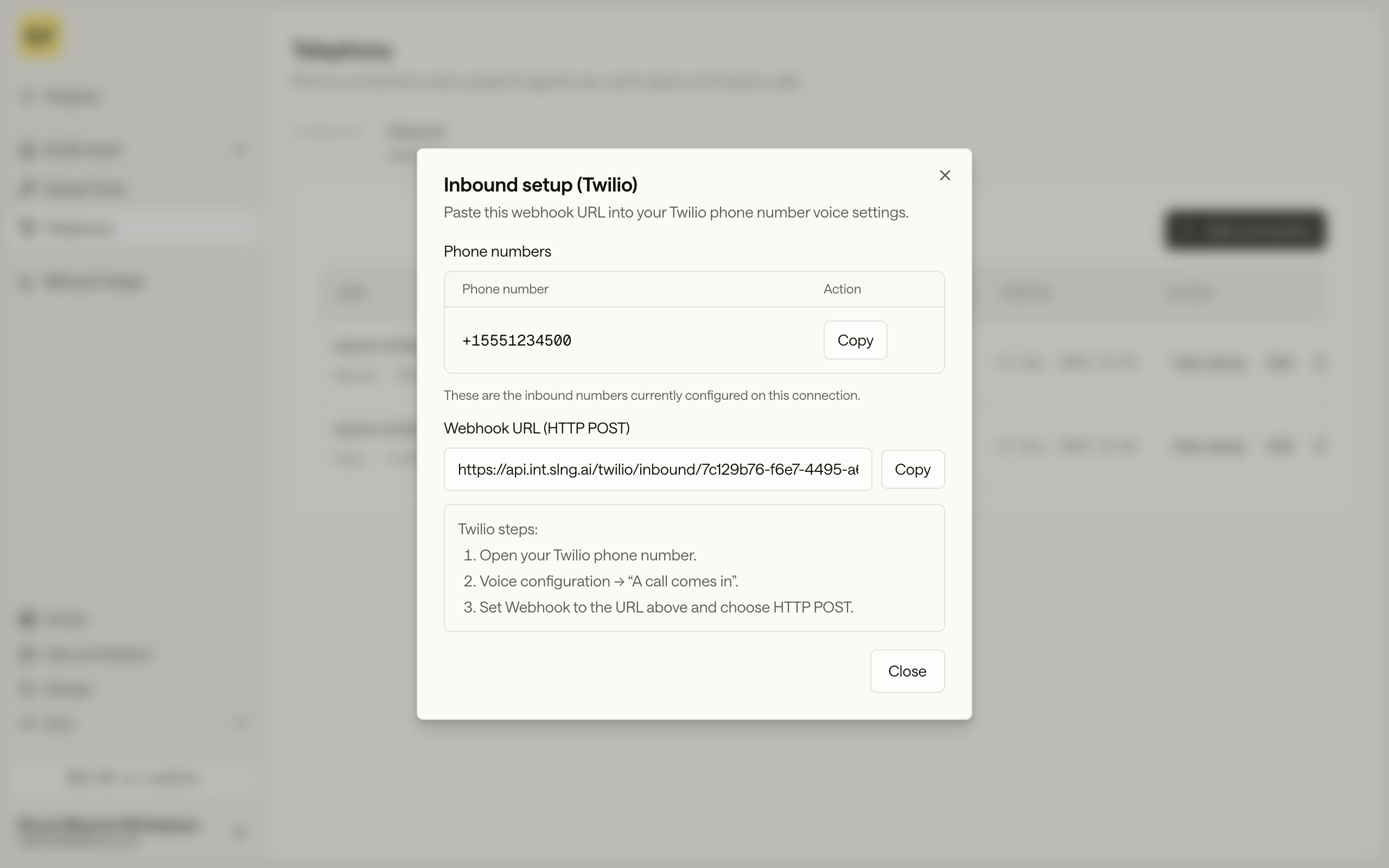 The inbound connection detail in Twilio mode, showing the webhook URL and a copy button