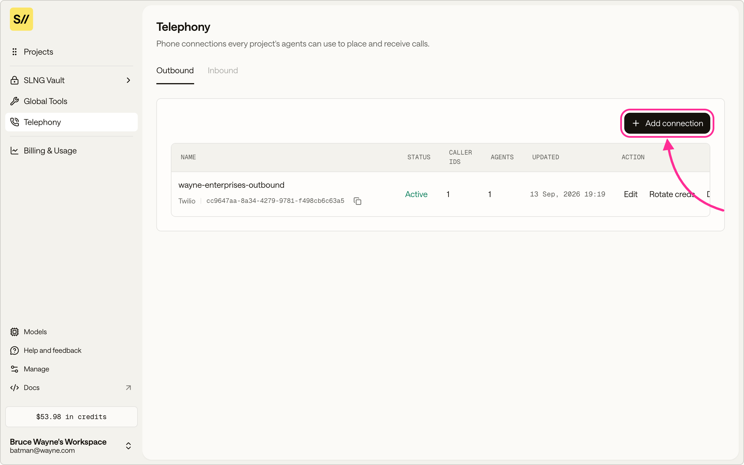 The Telephony section listing outbound connections with status, caller ID count, and agent count