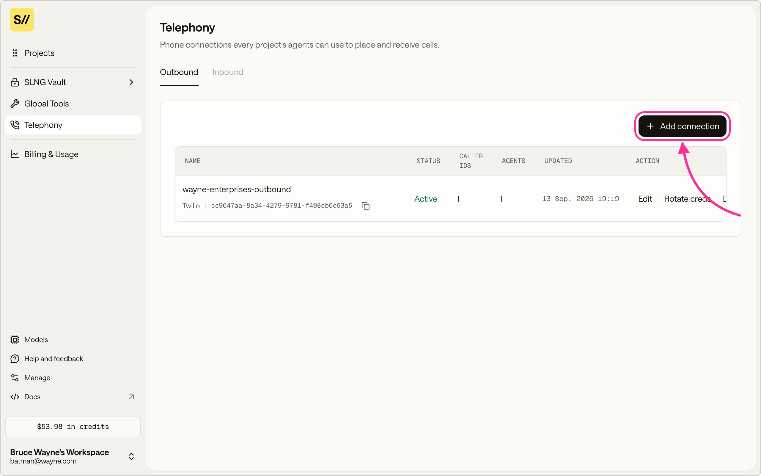 The Telephony section listing outbound connections with status, caller ID count, and agent count