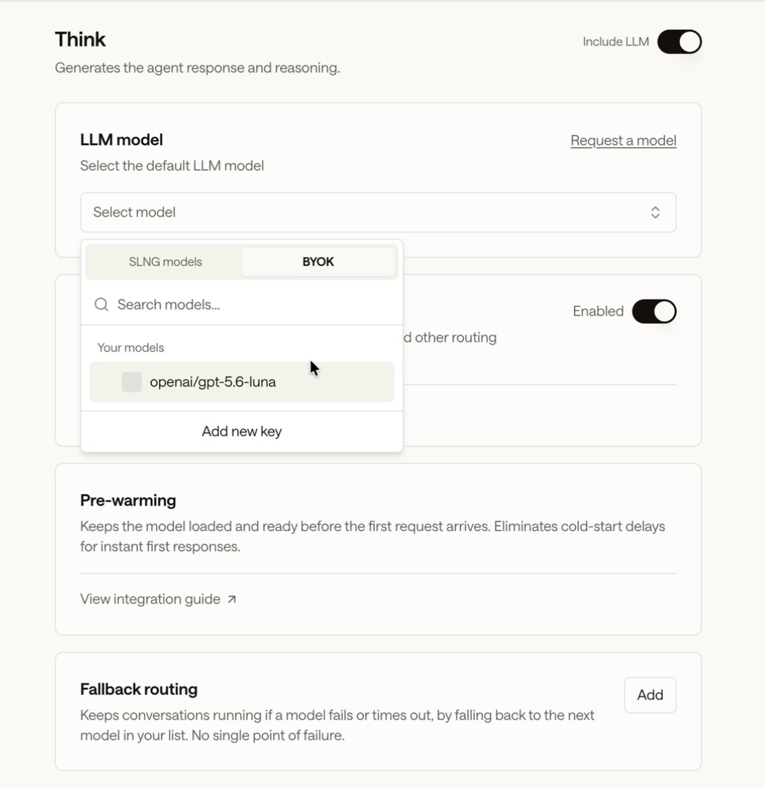 Think section with the LLM model dropdown open on the BYOK tab, a saved openai/gpt-5.6-luna model, and Add new key at the bottom