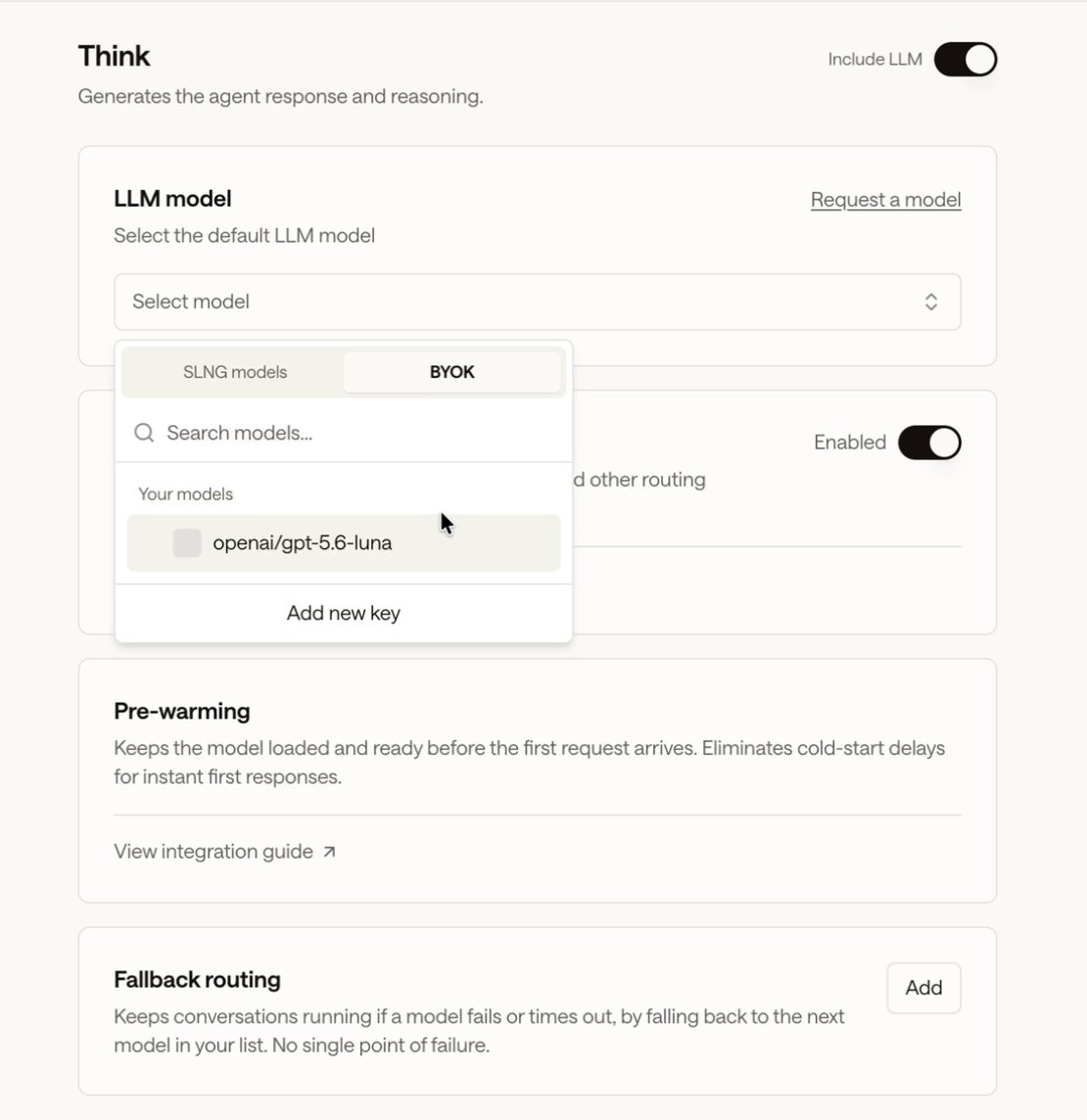 Think section with the LLM model dropdown open on the BYOK tab, a saved openai/gpt-5.6-luna model, and Add new key at the bottom