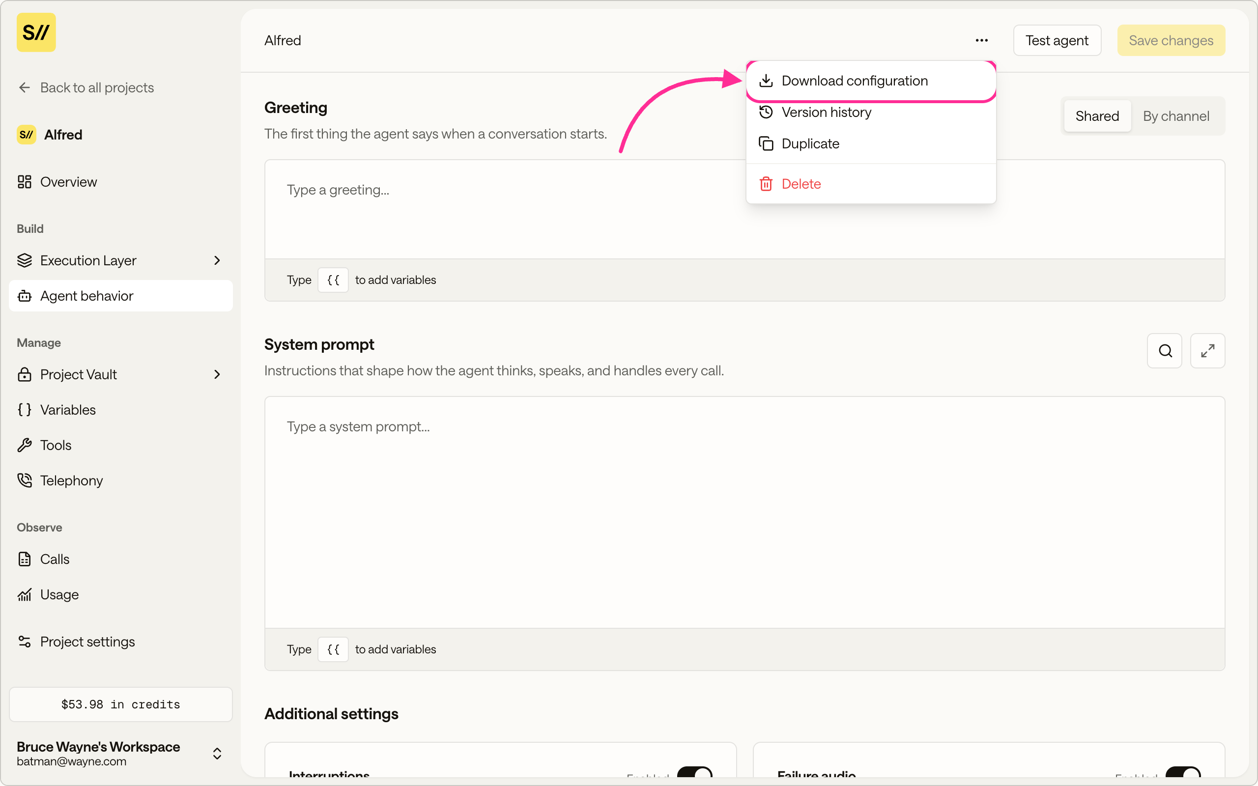 The project workspace ⋯ menu with the Download configuration item